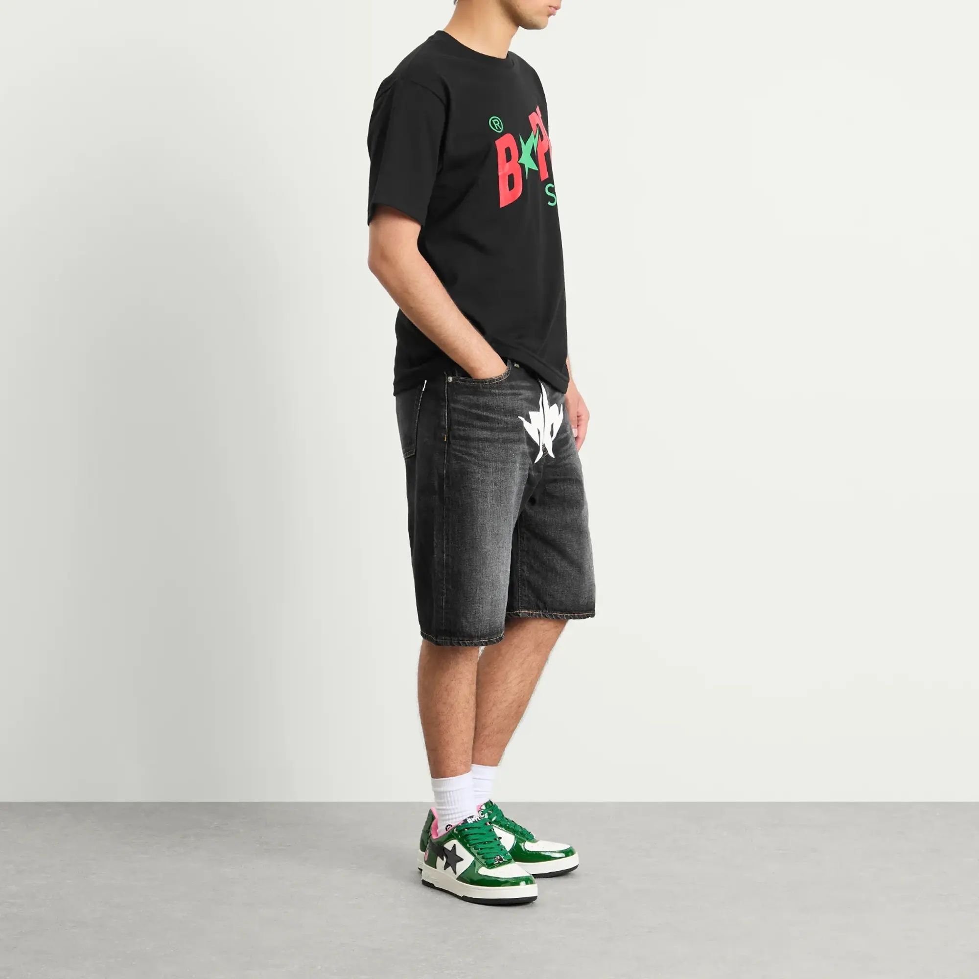 A Bathing Ape Men's Twin Sta Relaxed Fit Denim Shorts Black