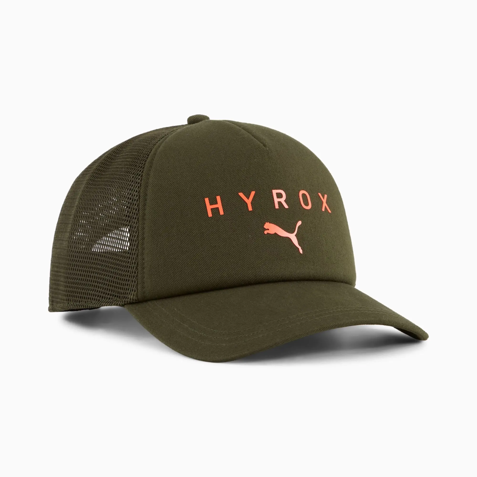 PUMA x HYROX Trucker Cap, Dark Olive/Glowing Orange