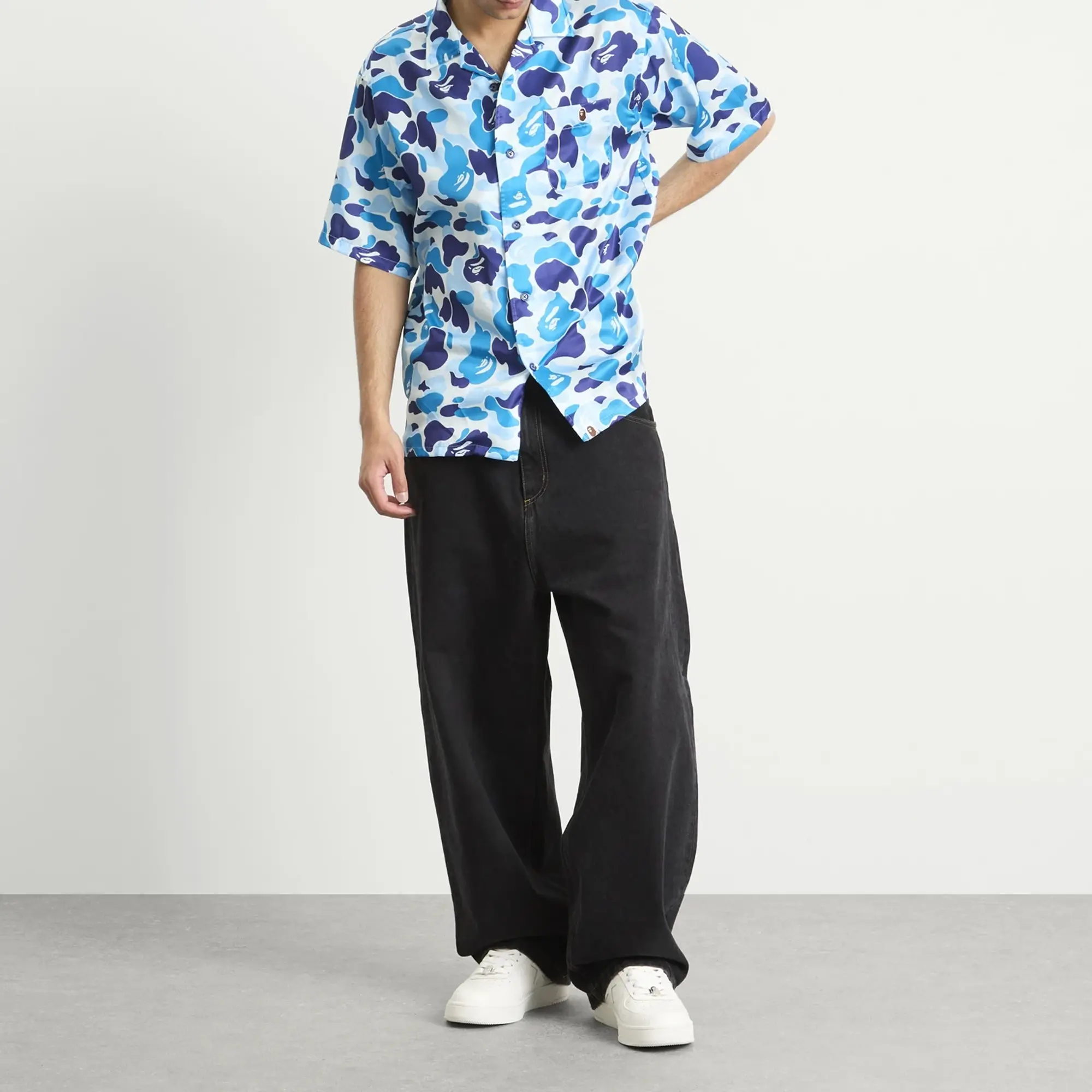 A Bathing Ape Men's Abc Camo Open Collar Ss Shirts Blue