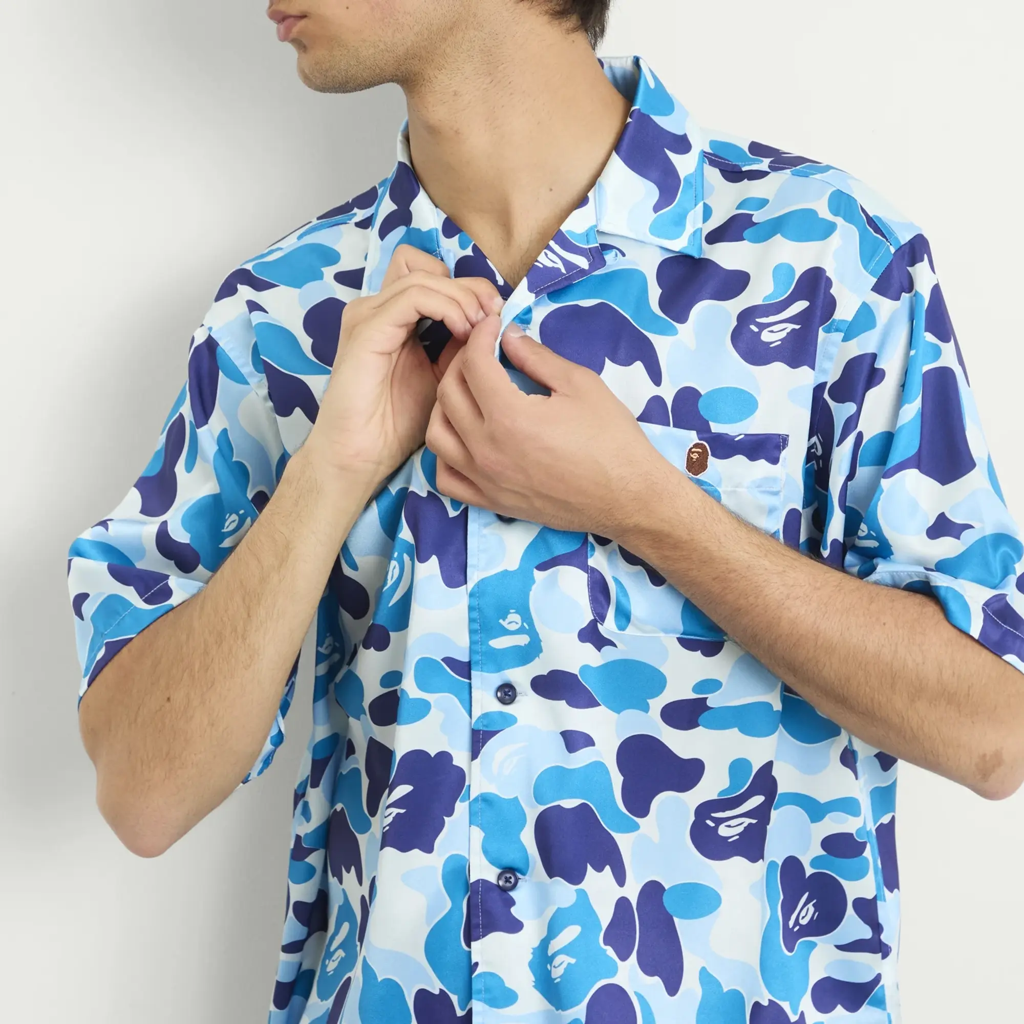 A Bathing Ape Men's Abc Camo Open Collar Ss Shirts Blue