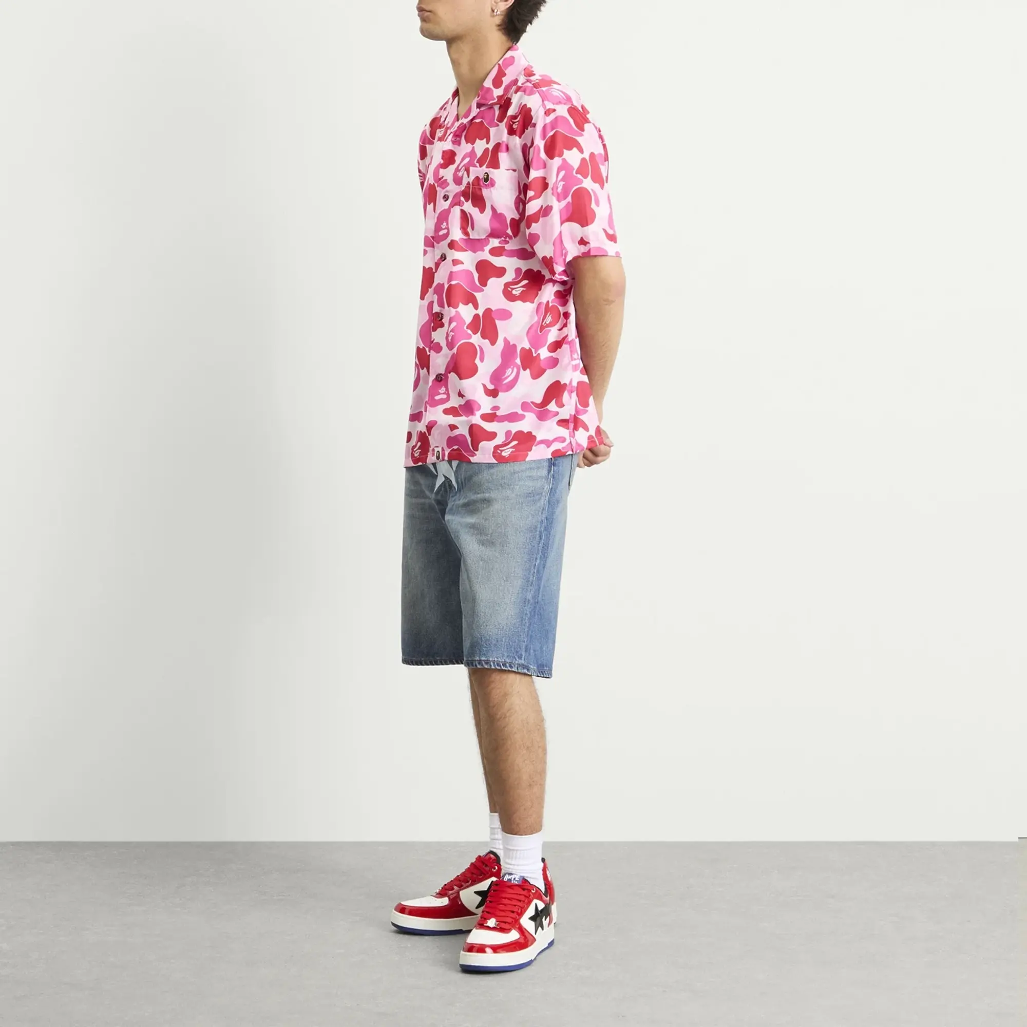 A Bathing Ape Men's Abc Camo Open Collar Ss Shirts Pink