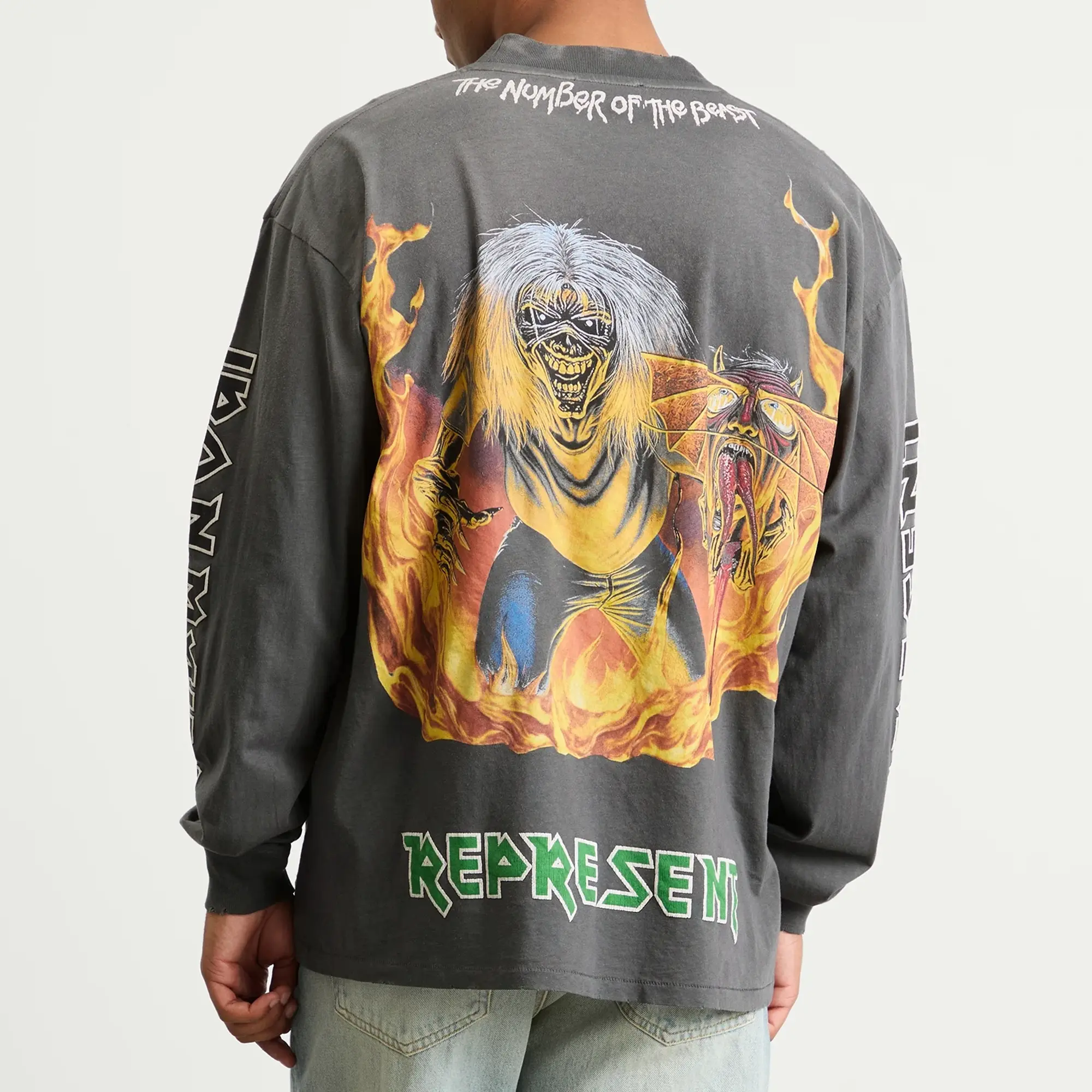 Represent Men's Iron Maiden Number of the Beast Long Sleeve T-Shir Sunfade Grey