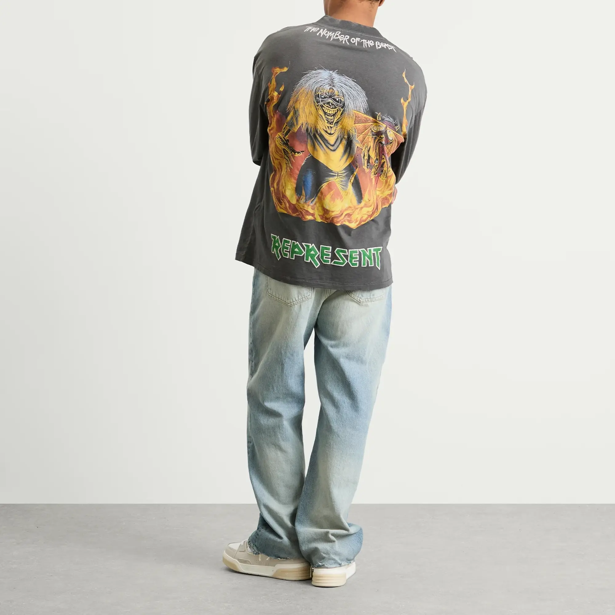 Represent Men's Iron Maiden Number of the Beast Long Sleeve T-Shir Sunfade Grey