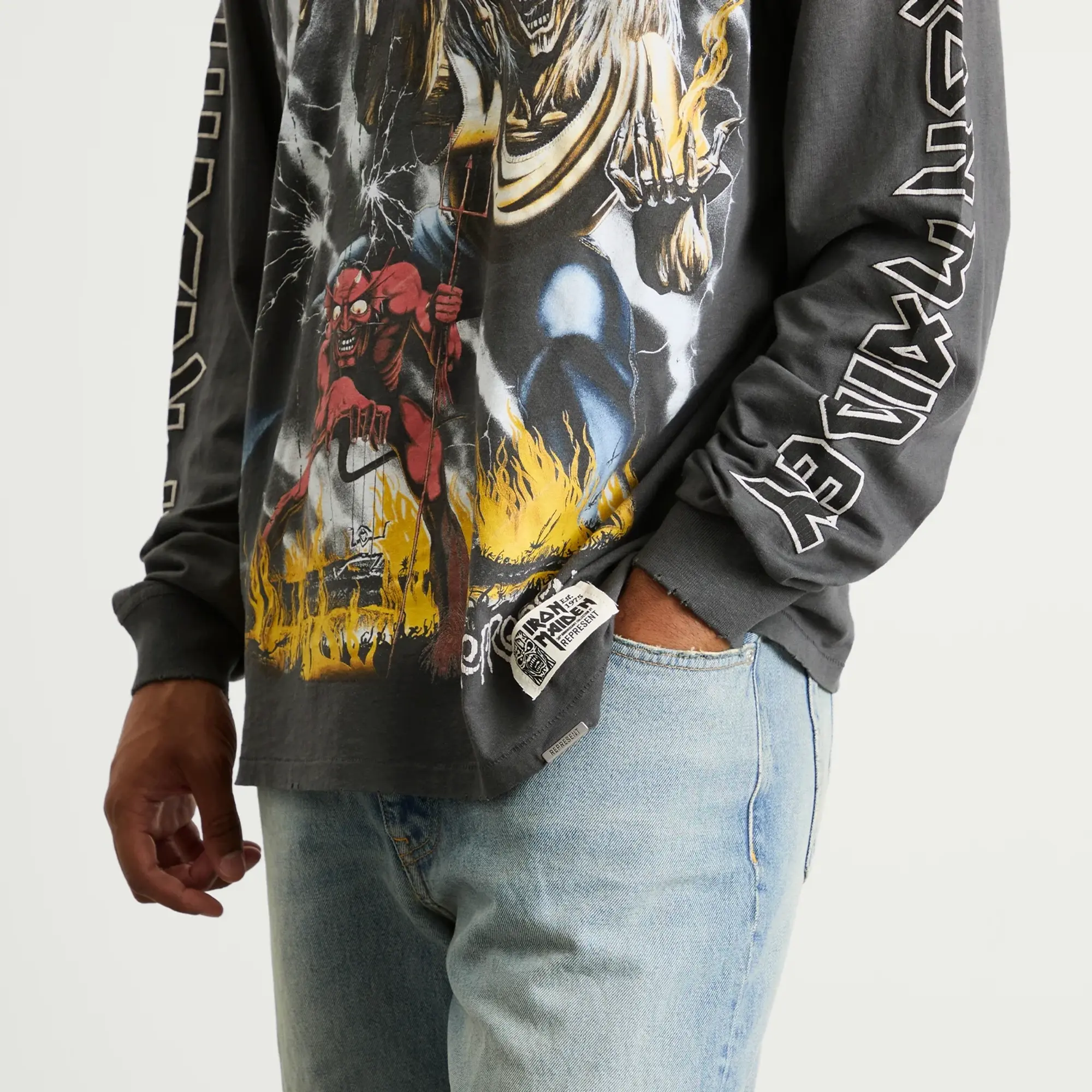 Represent Men's Iron Maiden Number of the Beast Long Sleeve T-Shir Sunfade Grey
