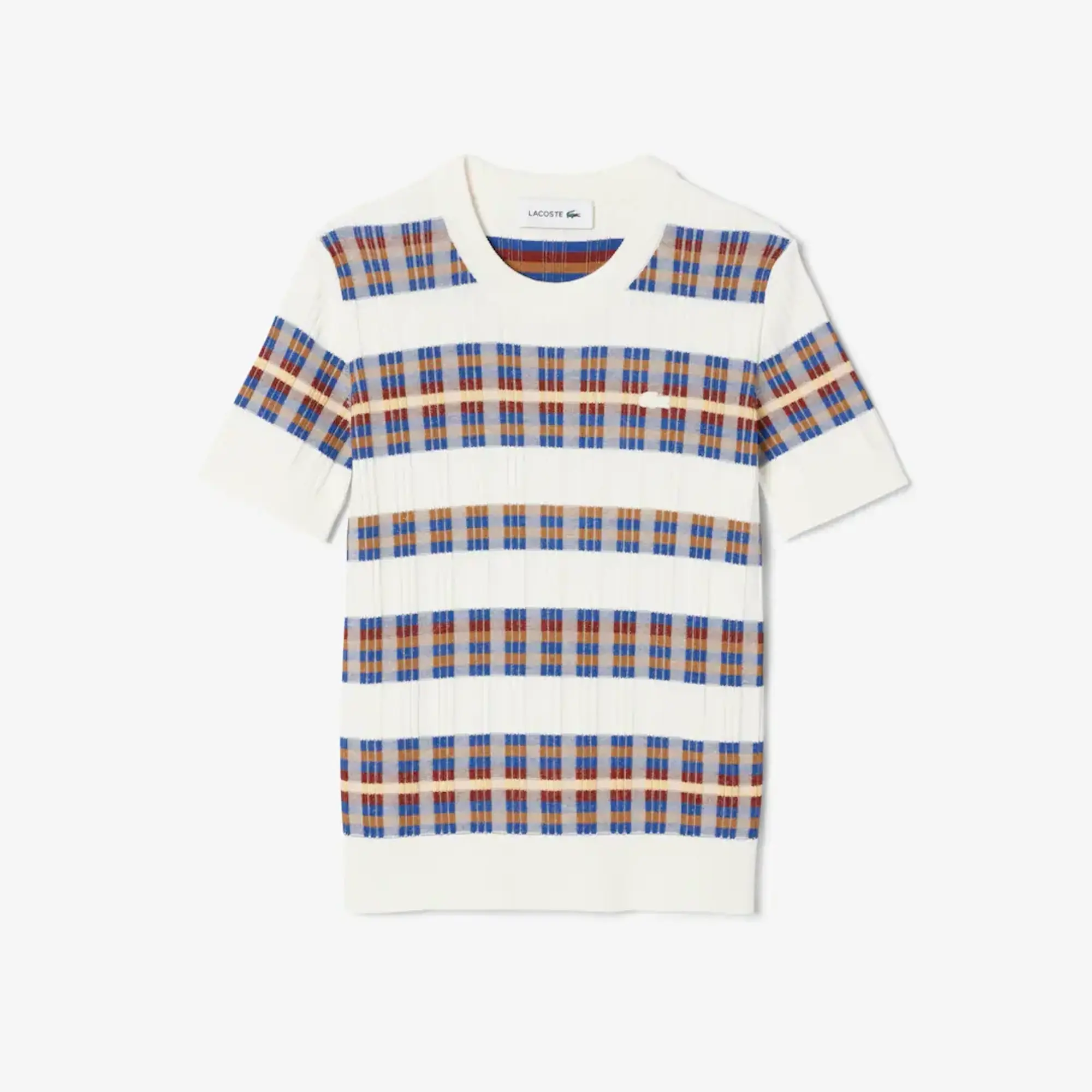 Lacoste Short Sleeved Rib Knit Sweater - White / Yellow / Orange / Brown / Blue