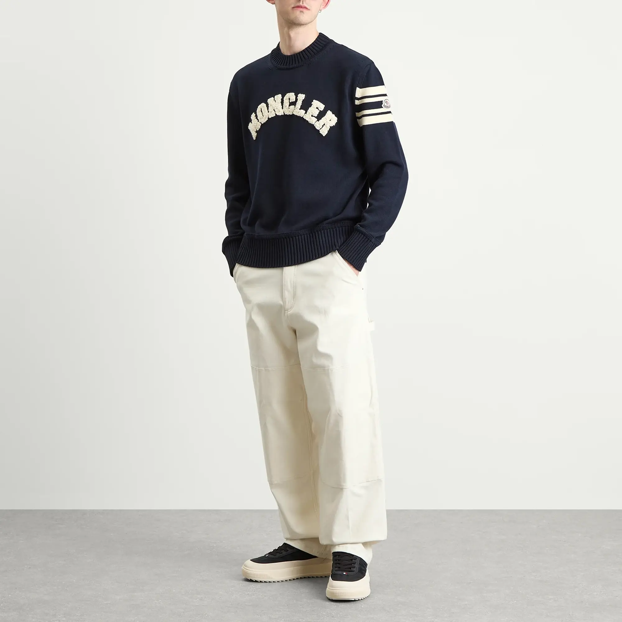 Moncler Men's Logo Crew Neck Cotton Knitwear Navy