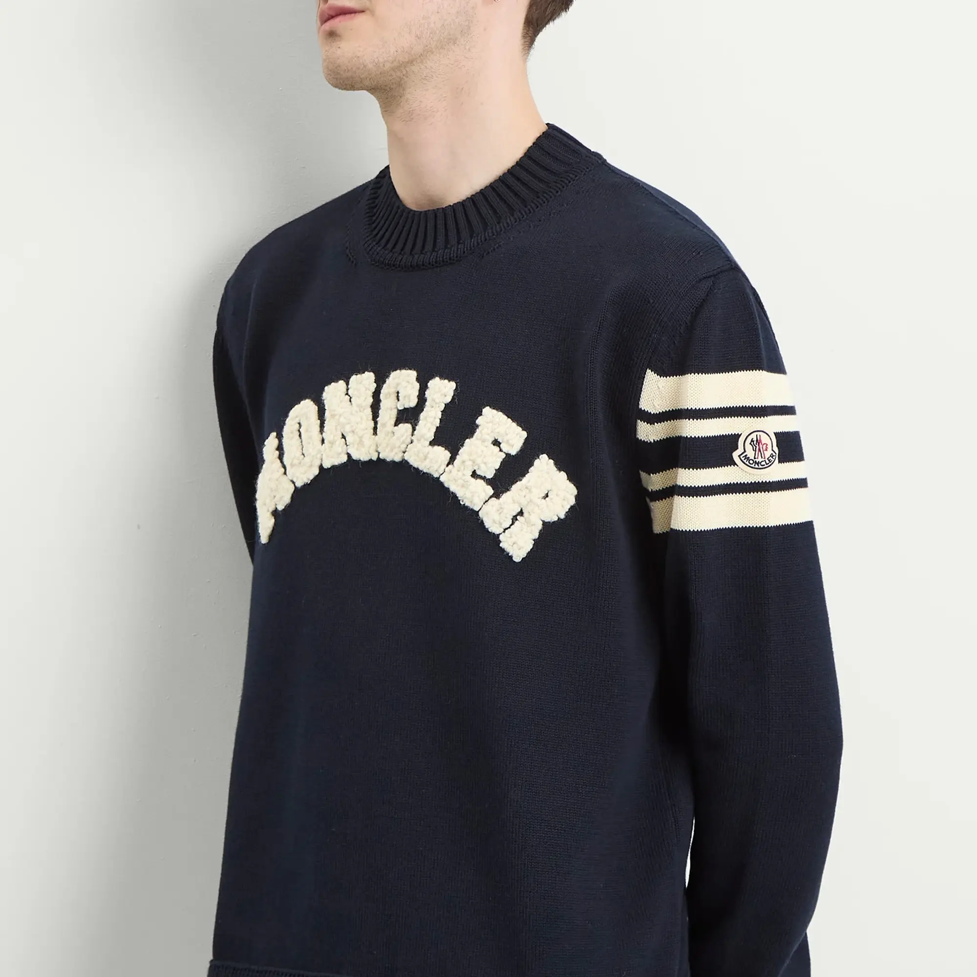 Moncler Men's Logo Crew Neck Cotton Knitwear Navy