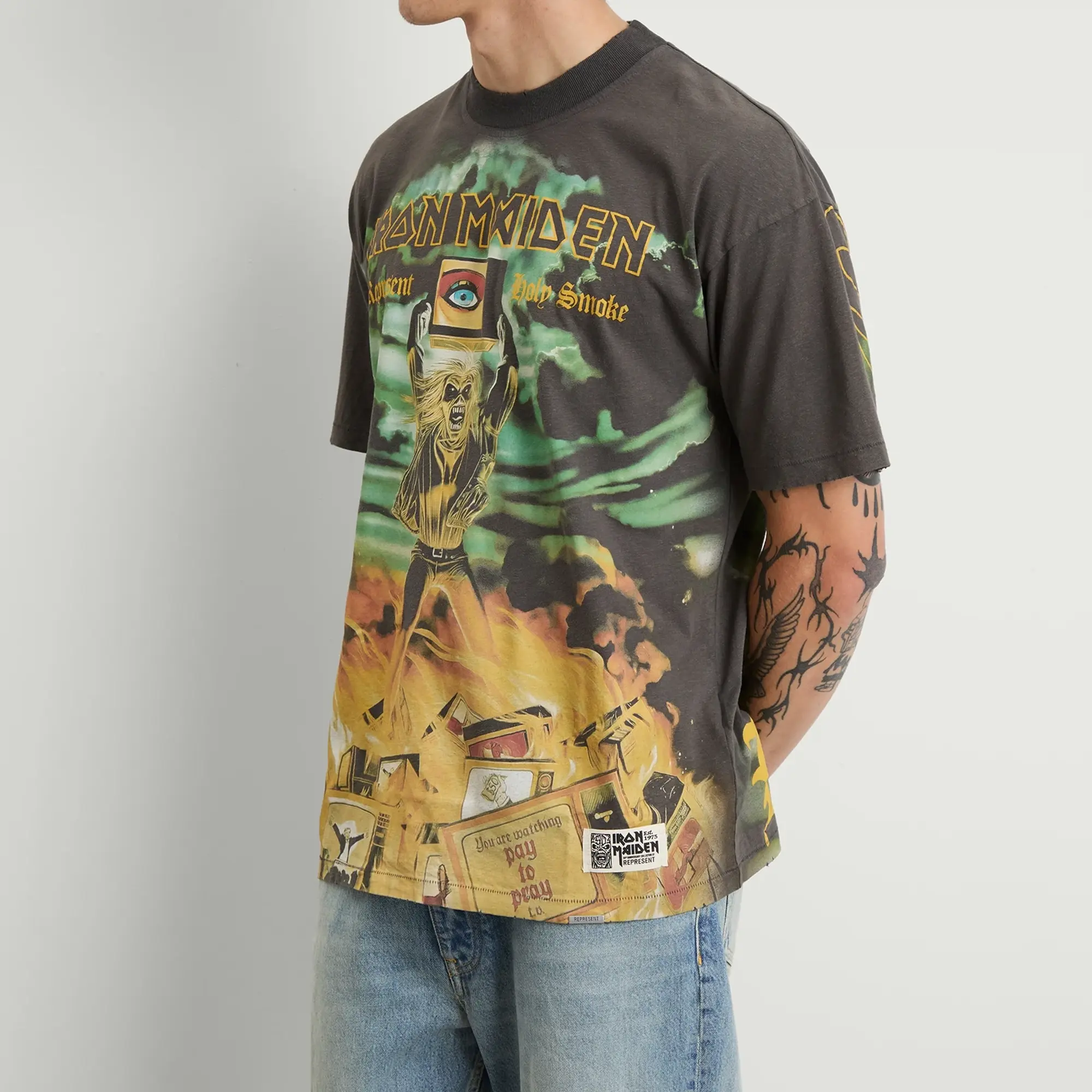 Represent Men's Iron Maiden Holy Smoke T-Shirt Sunfade Grey