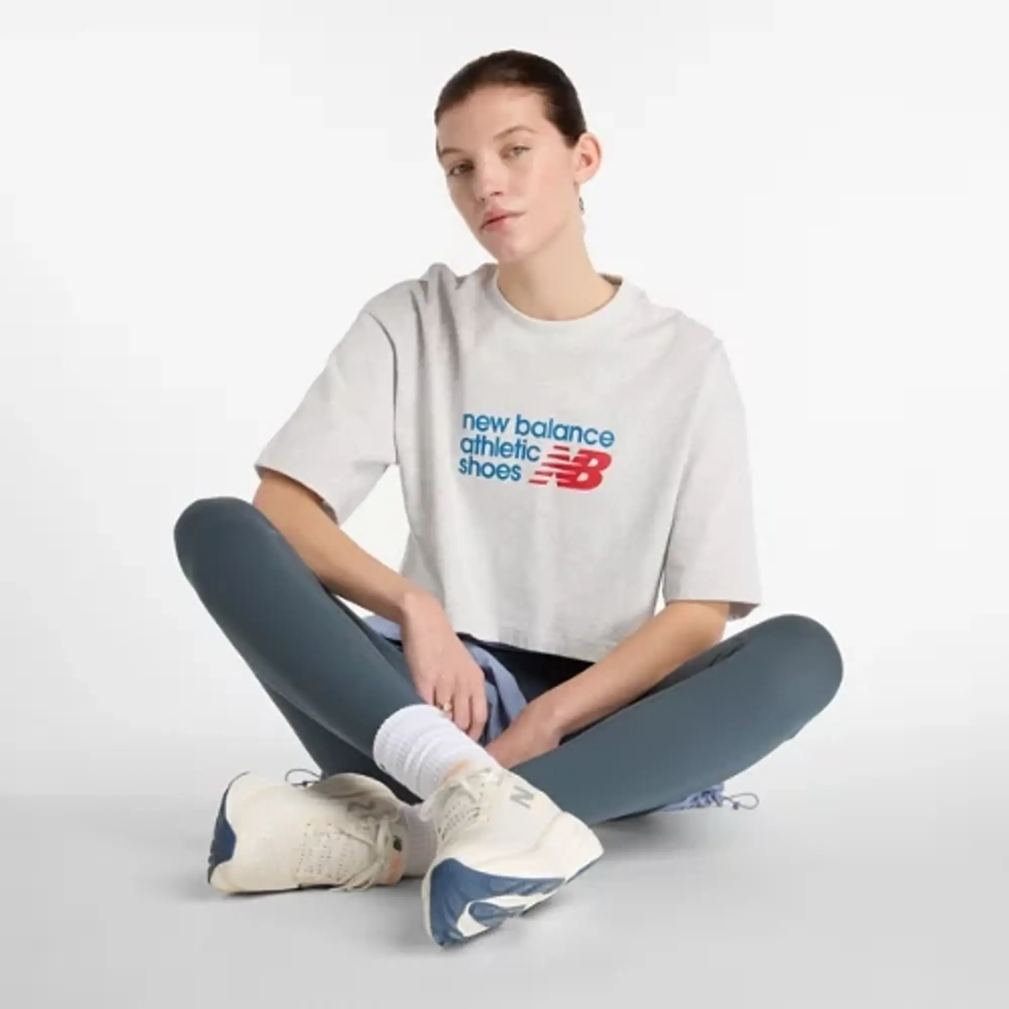New Balance Women's Athletics Premium Logo T-Shirt in Grey Cotton