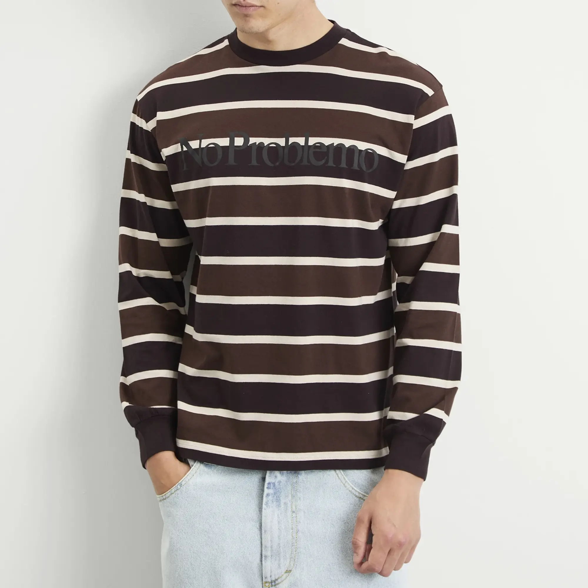 No Problemo Men's Logo Striped Long Sleeve T-Shirt Brown