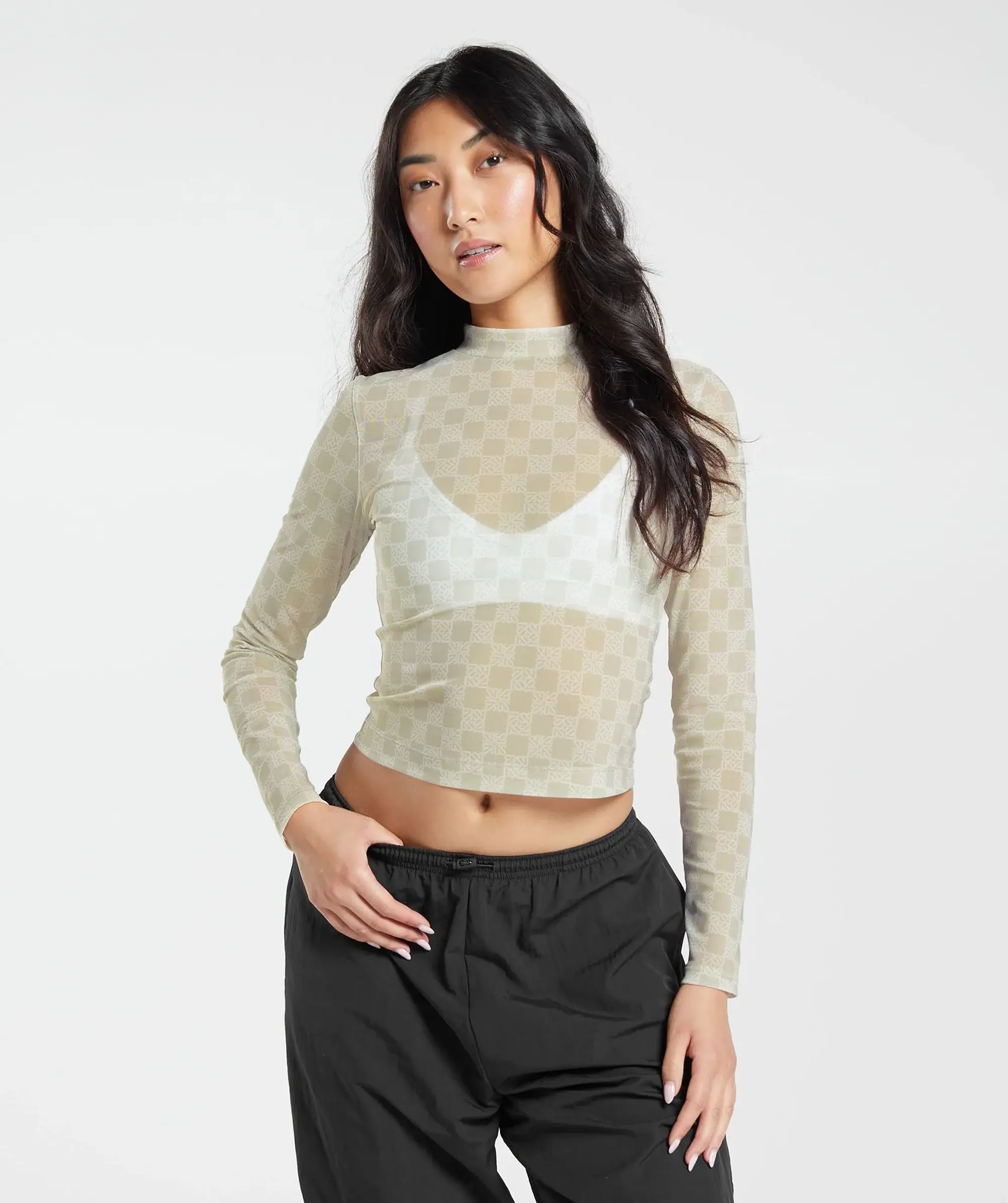  Monogram Mesh Long Sleeve Top - Vanilla White