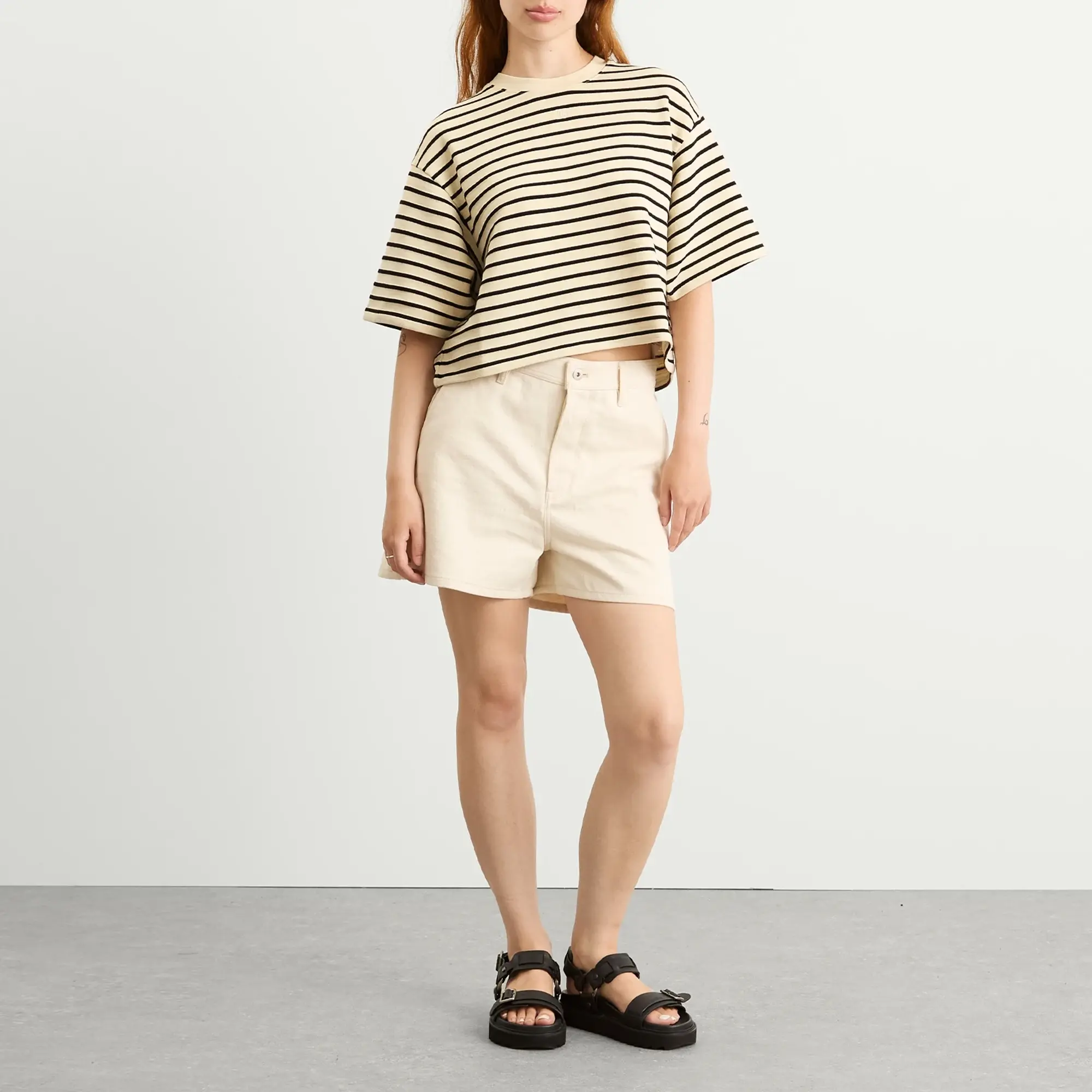 Anine Bing Women's Myers Cropped Stripe T-Shirt Black Stripe French Terry