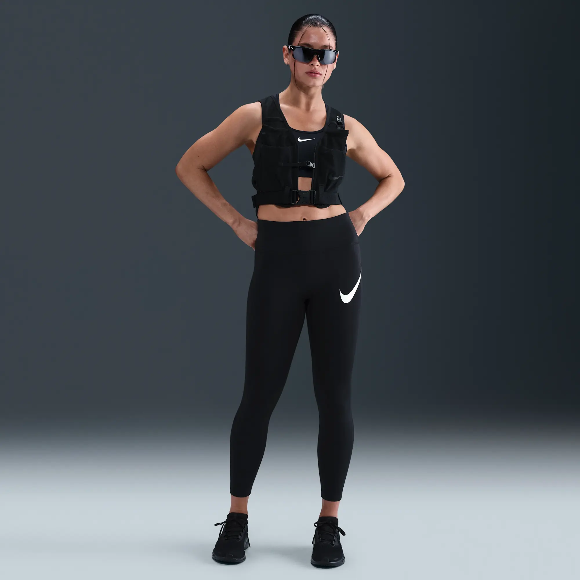 Nike Tempo Swoosh Run Women's High-Waisted 7/8 Running Leggings - Black - Printed Swoosh Logo On The Left Thigh