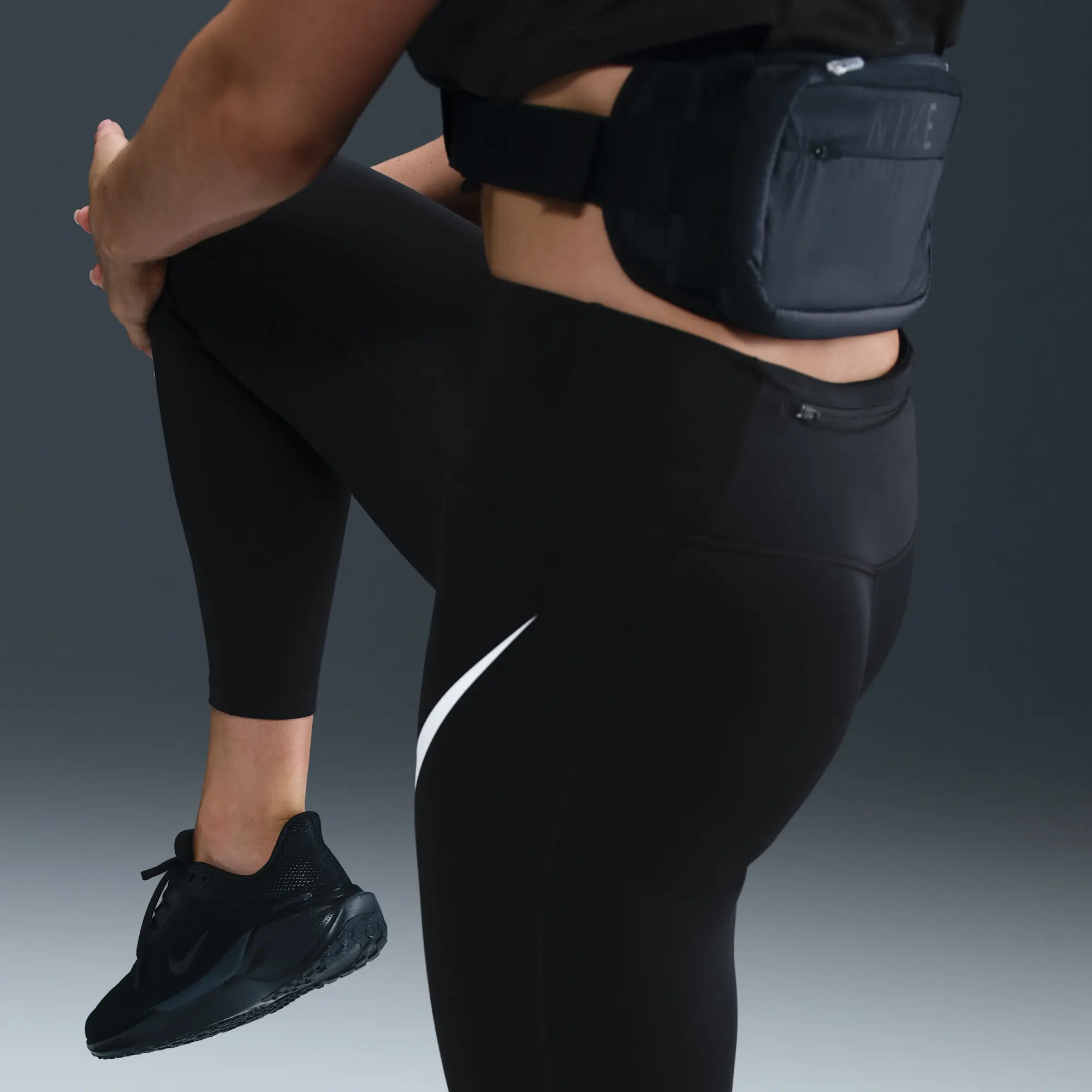Nike Tempo Swoosh Run Women's High-Waisted 7/8 Running Leggings - Black - Printed Swoosh Logo On The Left Thigh