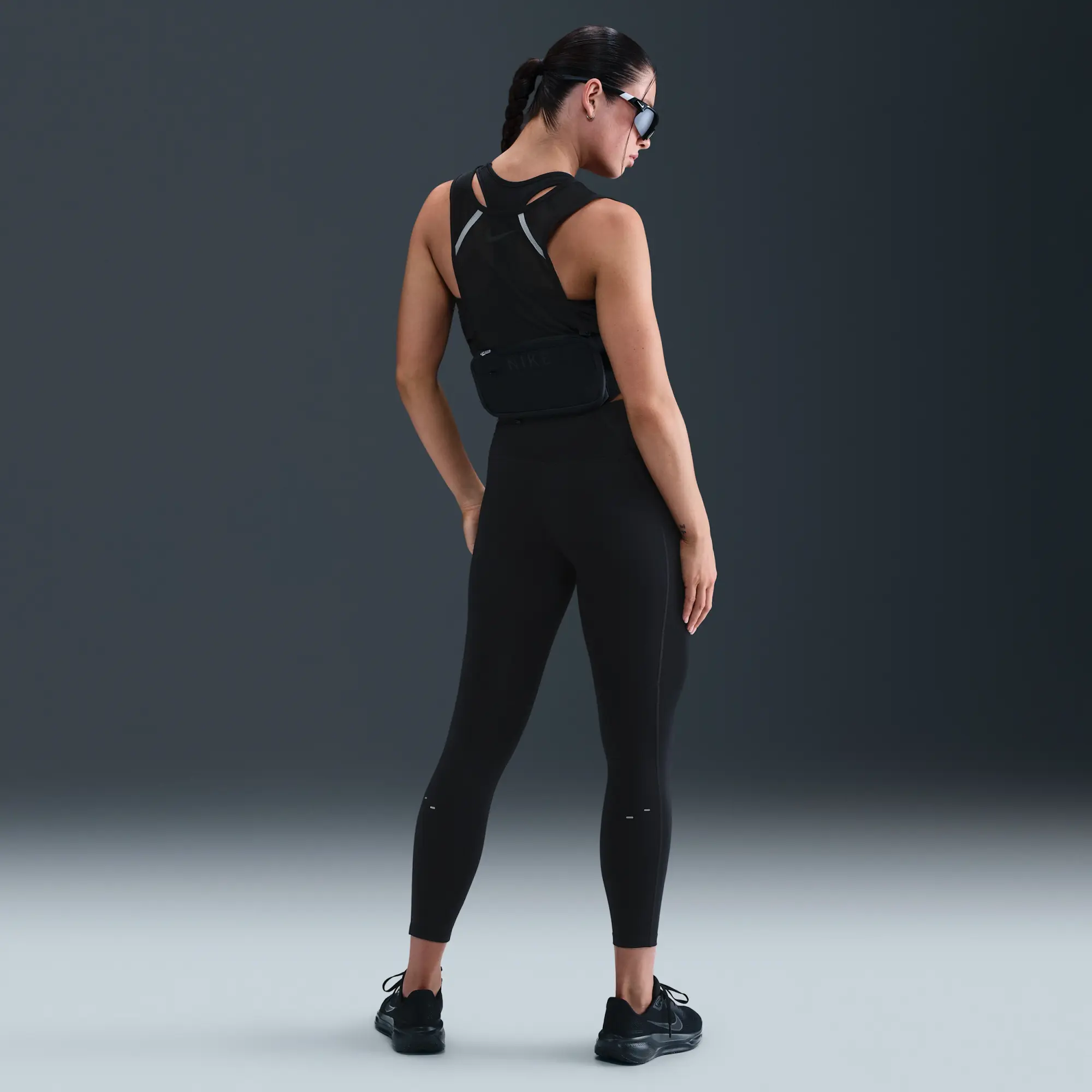 Nike Tempo Swoosh Run Women's High-Waisted 7/8 Running Leggings - Black - Printed Swoosh Logo On The Left Thigh