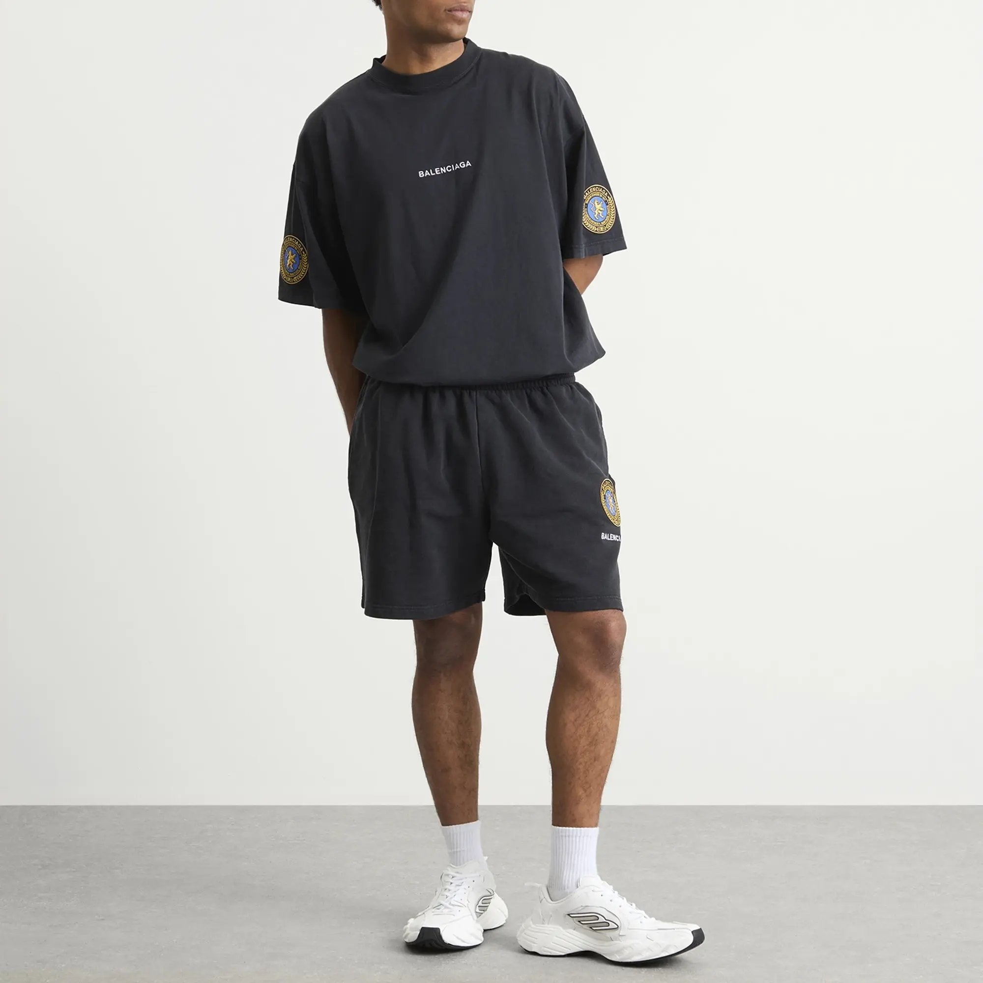 Balenciaga Men's Uniform Merch Dry Molleton Shorts Faded Washed Black