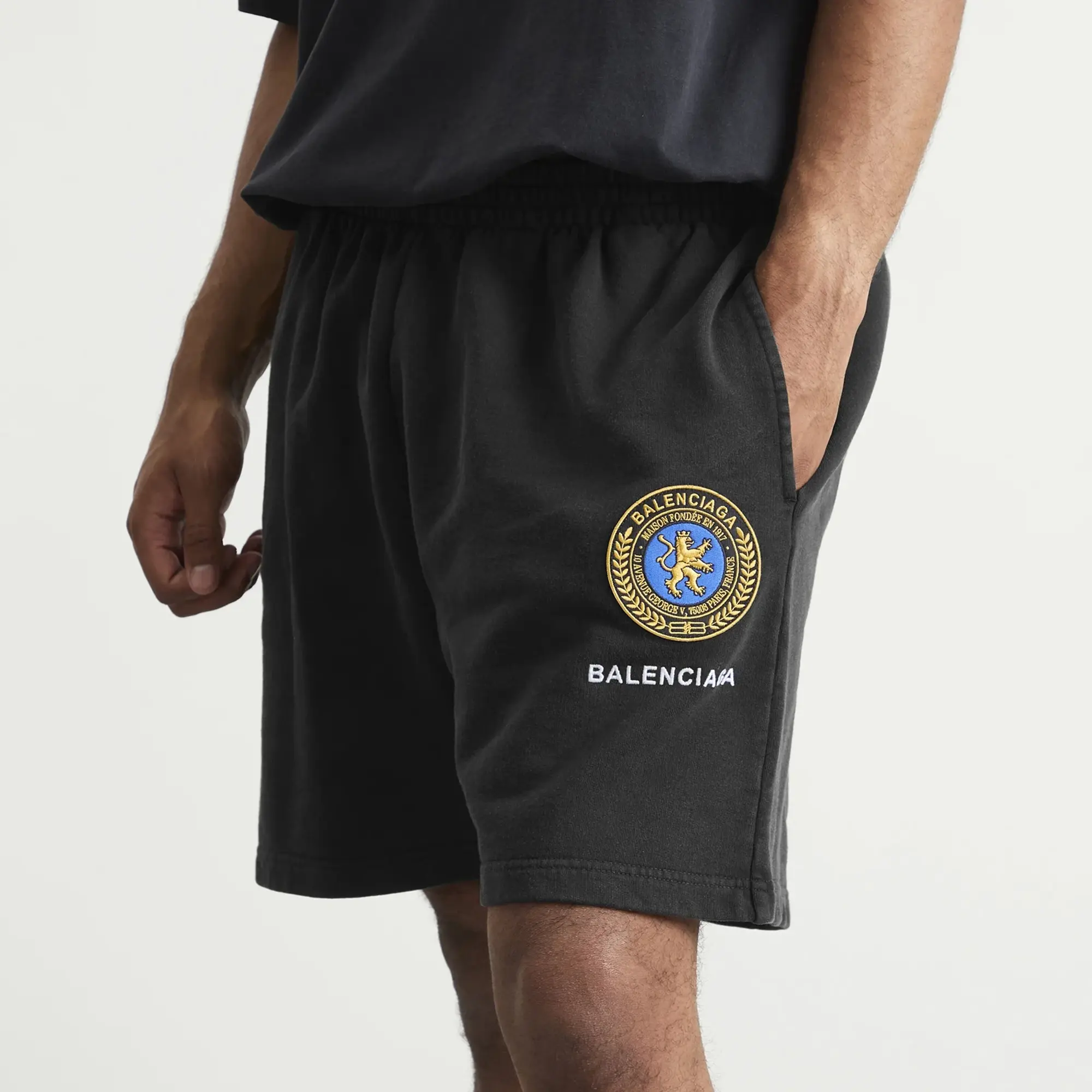 Balenciaga Men's Uniform Merch Dry Molleton Shorts Faded Washed Black