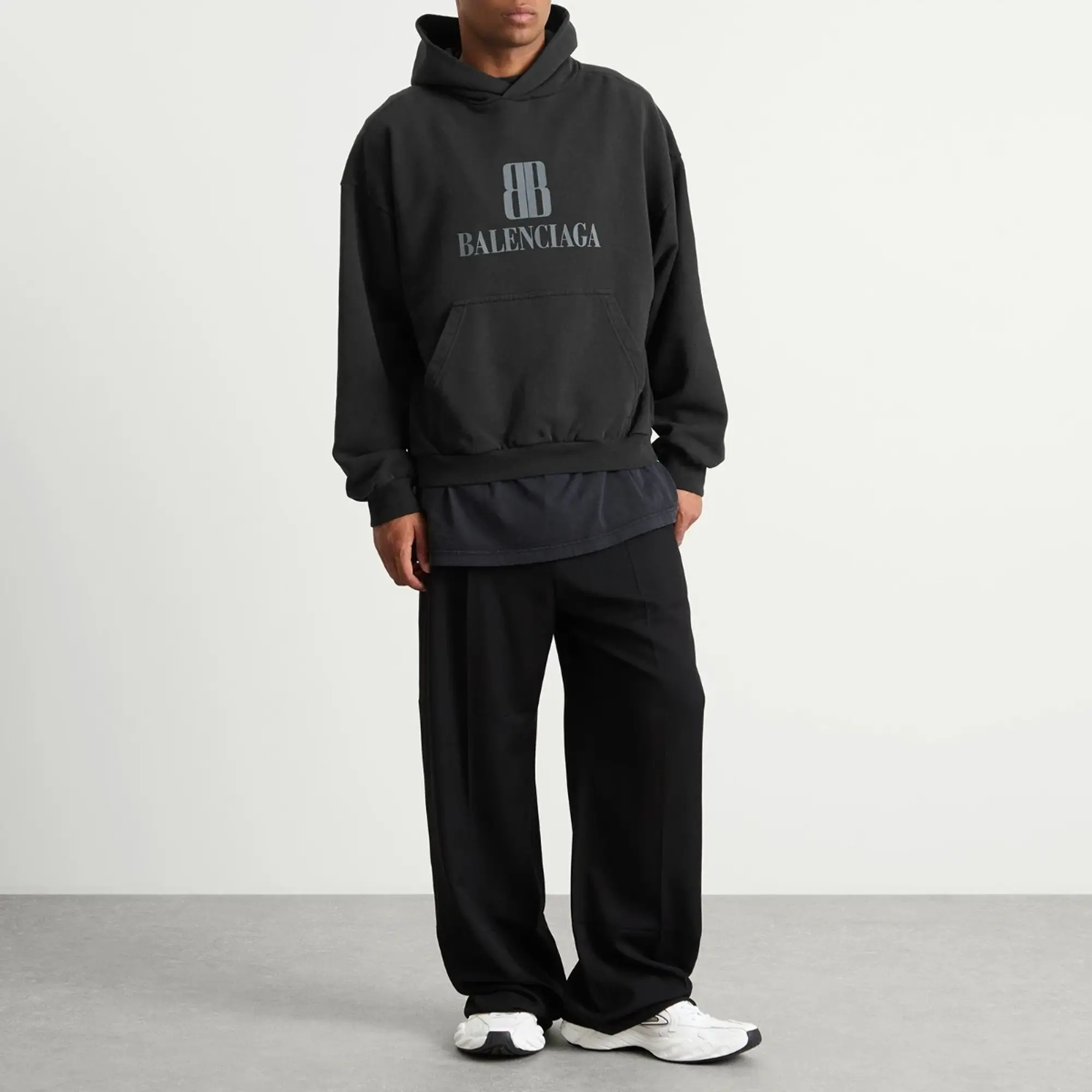 Balenciaga Men's Nano BB Logo Dry Molleton Medium Fit Hoodie Faded Black