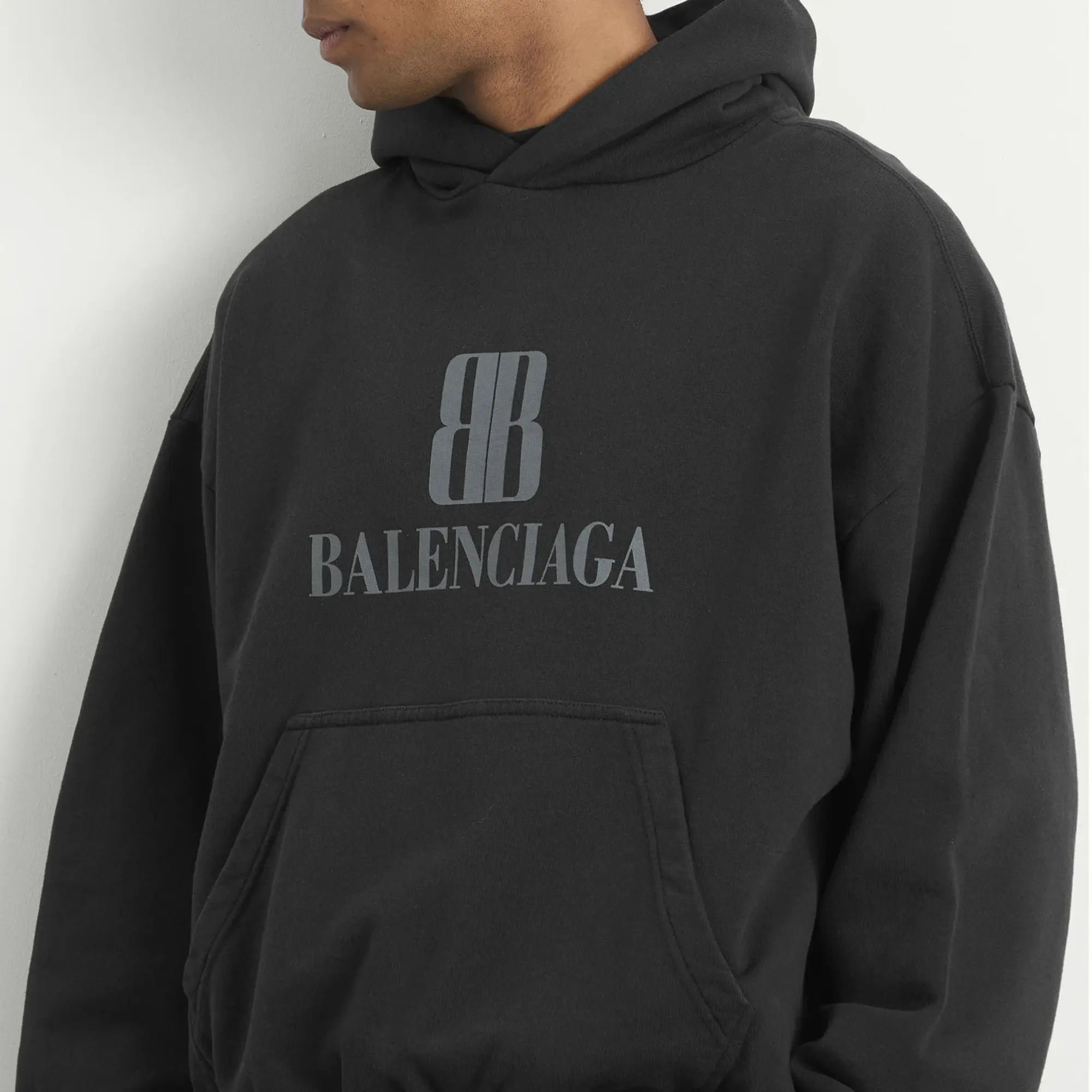 Balenciaga Men's Nano BB Logo Dry Molleton Medium Fit Hoodie Faded Black