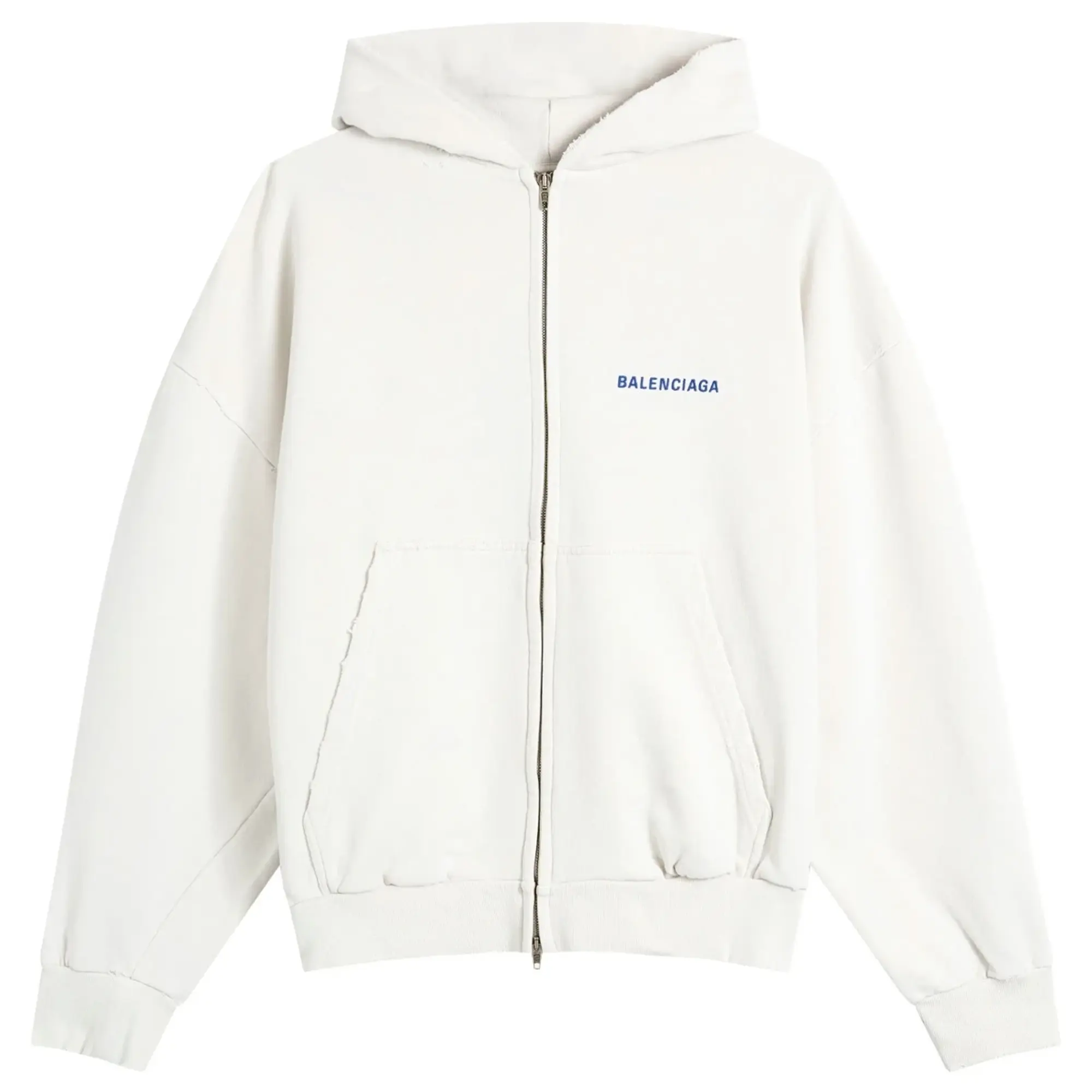 Balenciaga Men's Logo Back Dry Molleton Zip-Up Hoodie Dirty Wht/Sport Blue