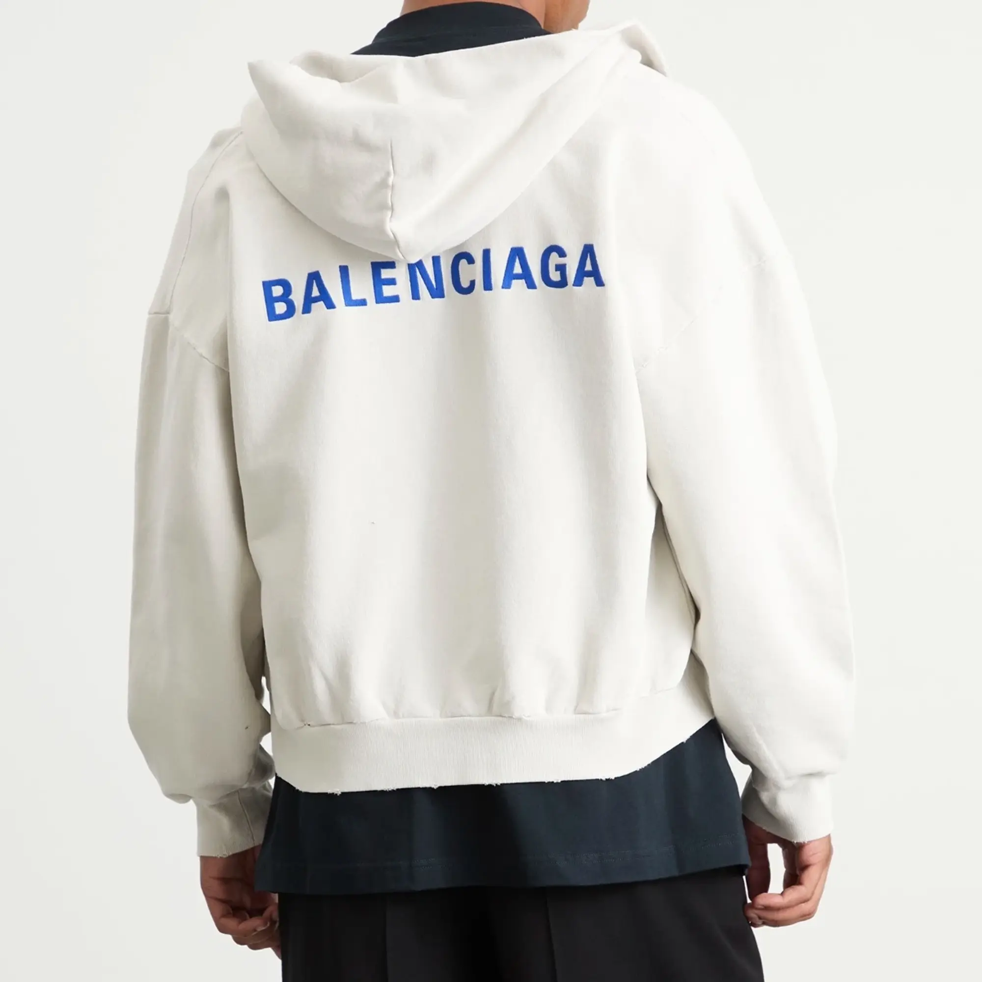Balenciaga Men's Logo Back Dry Molleton Zip-Up Hoodie Dirty Wht/Sport Blue