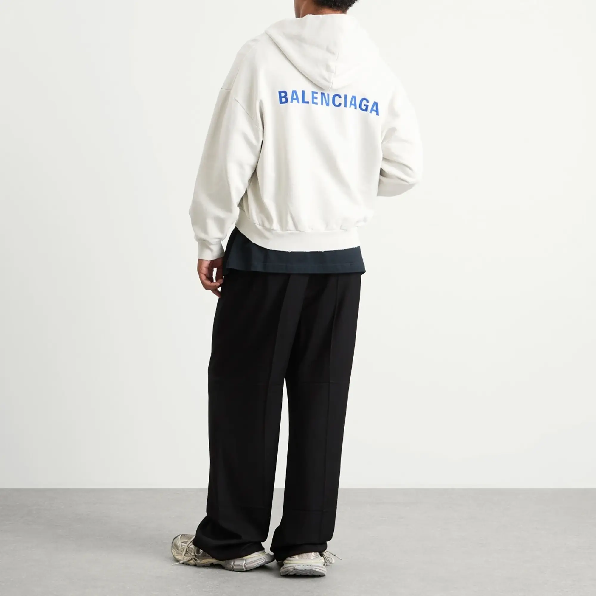 Balenciaga Men's Logo Back Dry Molleton Zip-Up Hoodie Dirty Wht/Sport Blue
