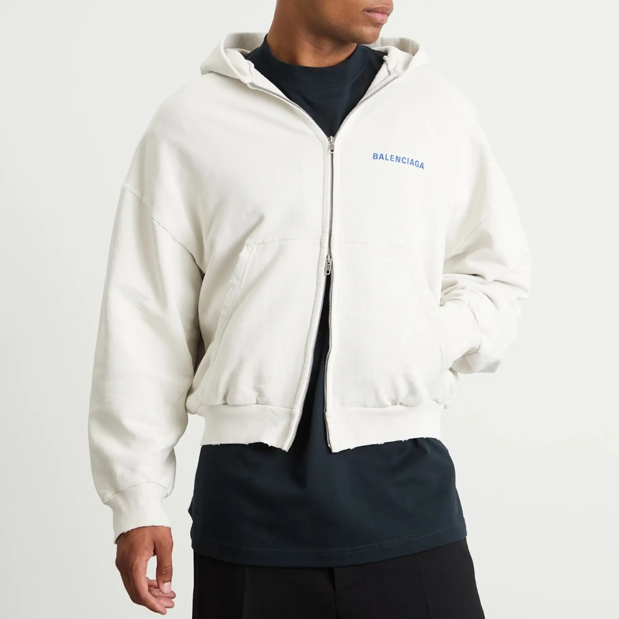 Balenciaga Men's Logo Back Dry Molleton Zip-Up Hoodie Dirty Wht/Sport Blue