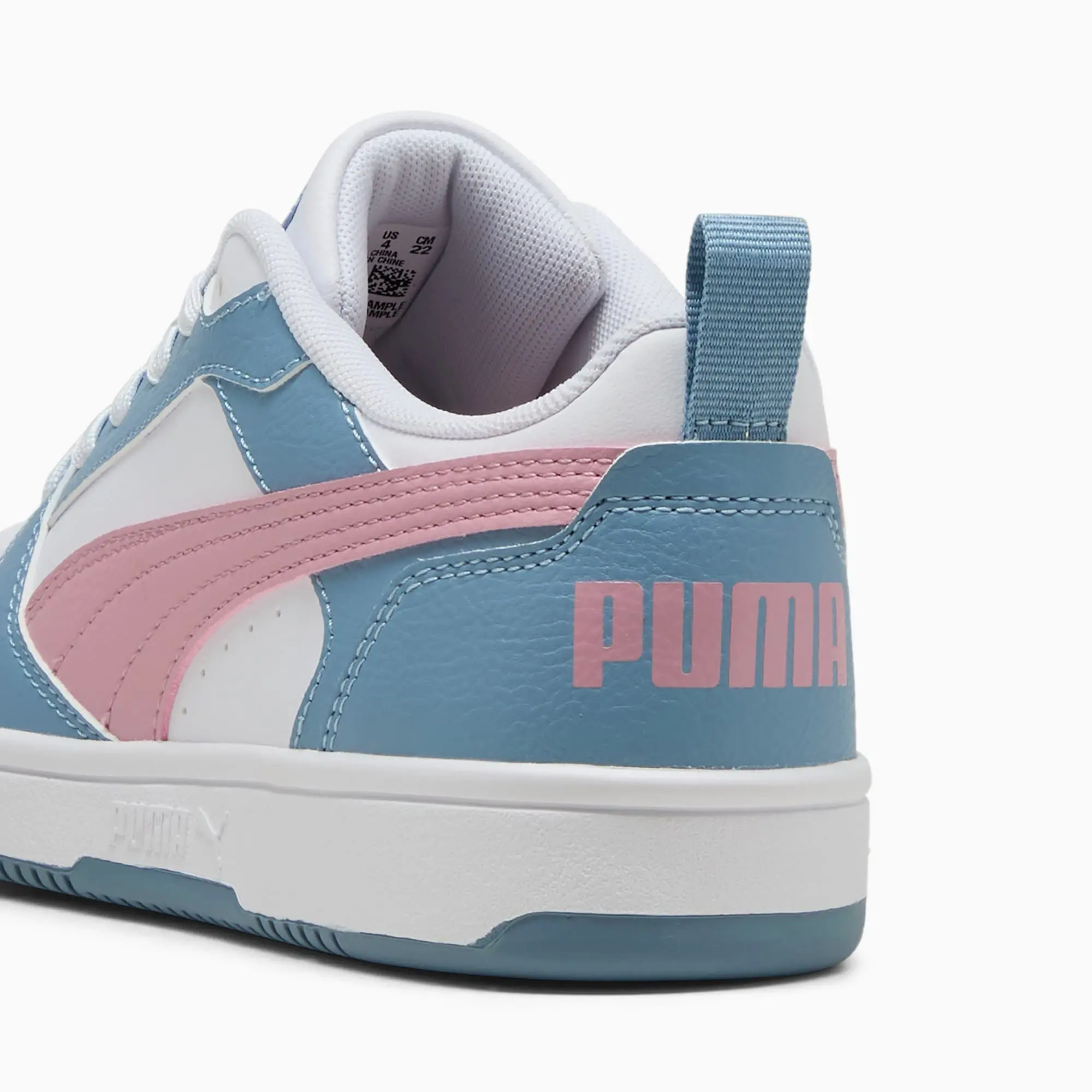 PUMA Rebound V6 Lo Youth Sneakers, White/Poised Pink/Cool Blue, size 3