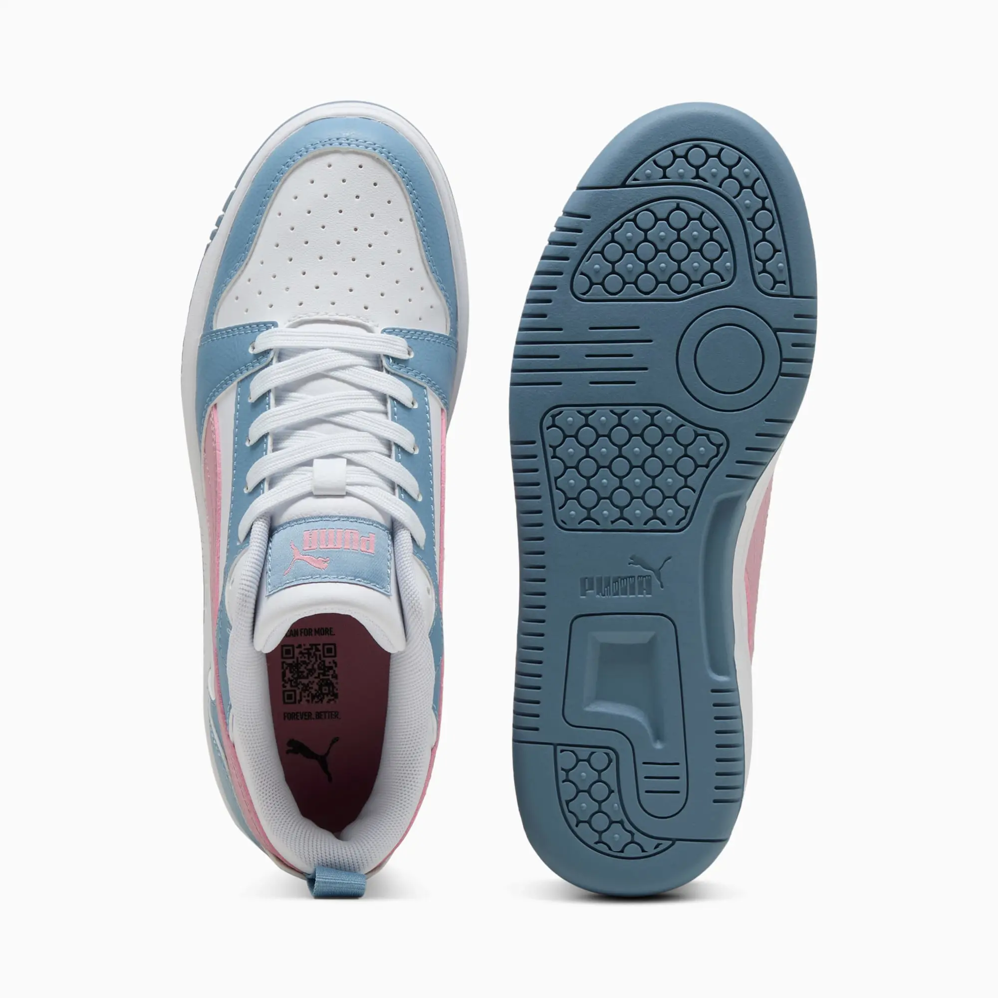 PUMA Rebound V6 Lo Youth Sneakers, White/Poised Pink/Cool Blue, size 3
