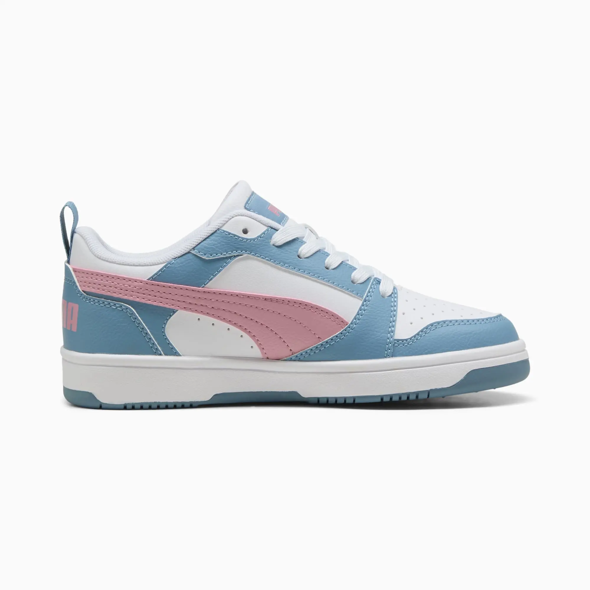 PUMA Rebound V6 Lo Youth Sneakers, White/Poised Pink/Cool Blue, size 3