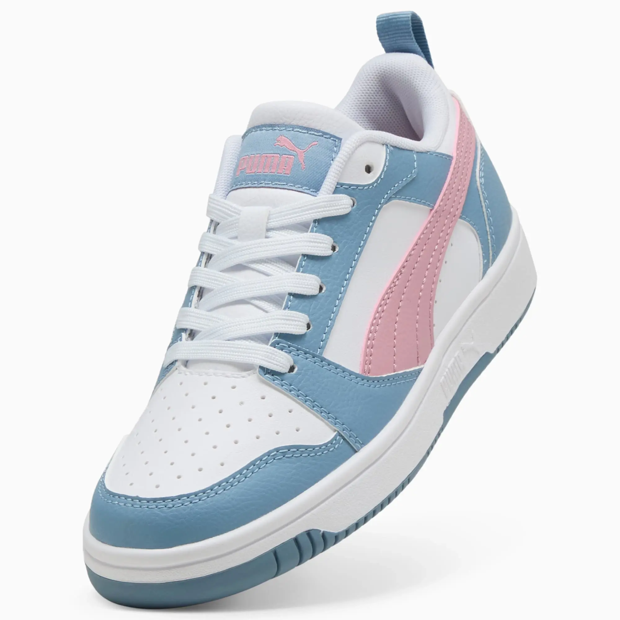 PUMA Rebound V6 Lo Youth Sneakers, White/Poised Pink/Cool Blue, size 3