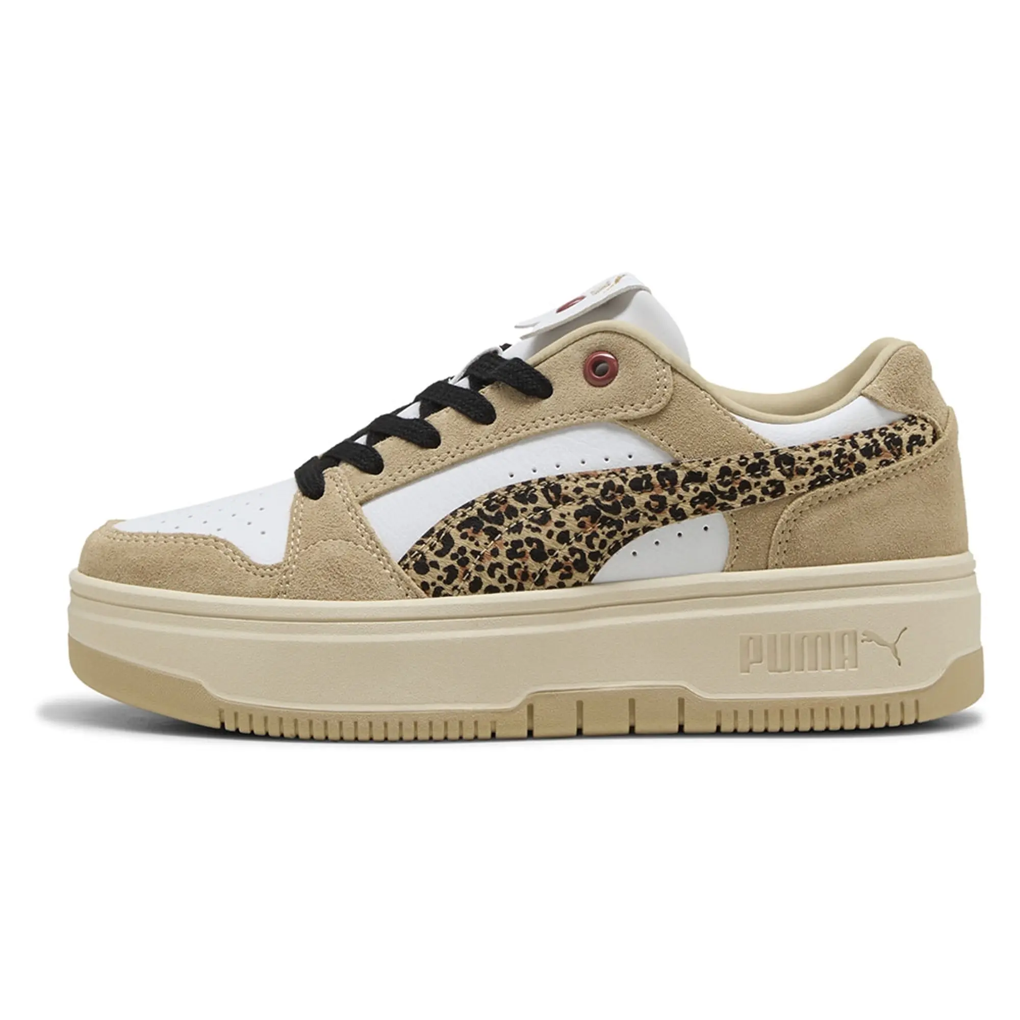 PUMA Rebound Femme Low Animal Flair Sneakers Women, White/Toasted Almond/Exotic Red, size 3