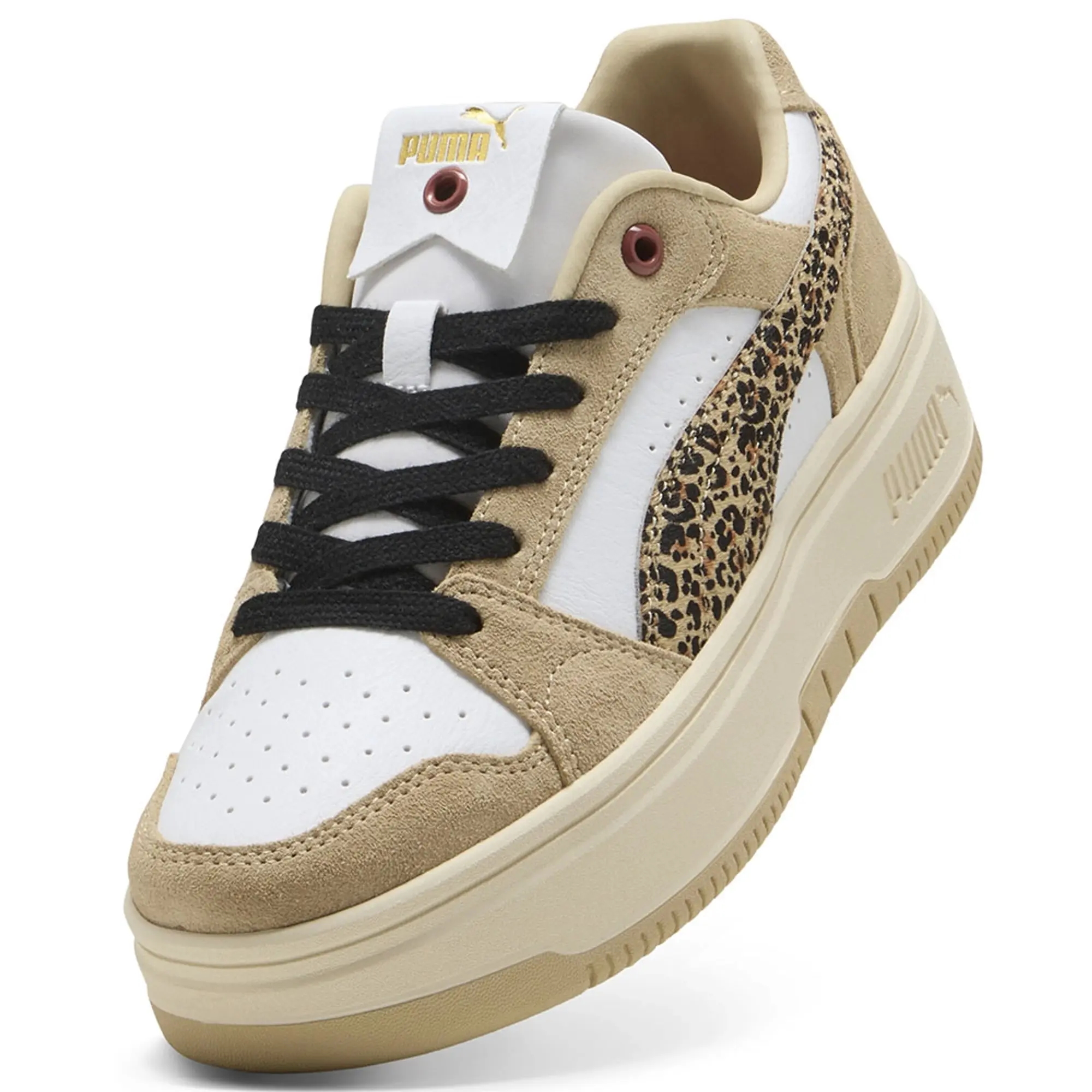 PUMA Rebound Femme Low Animal Flair Sneakers Women, White/Toasted Almond/Exotic Red, size 3