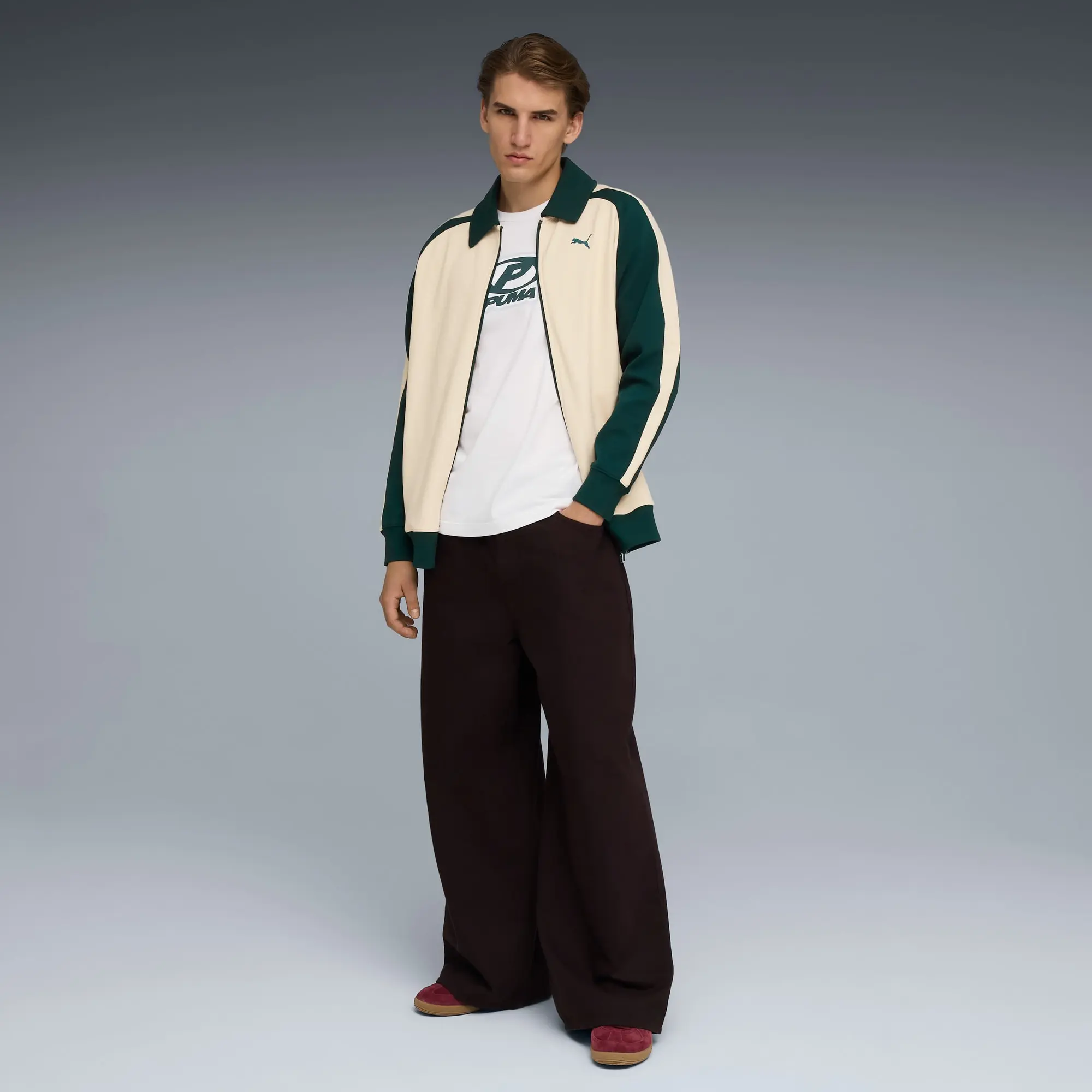 PUMA T7 Relaxed Wing Collar Track Jacket Unisex, Alpine Snow/Green Terrain, size Large