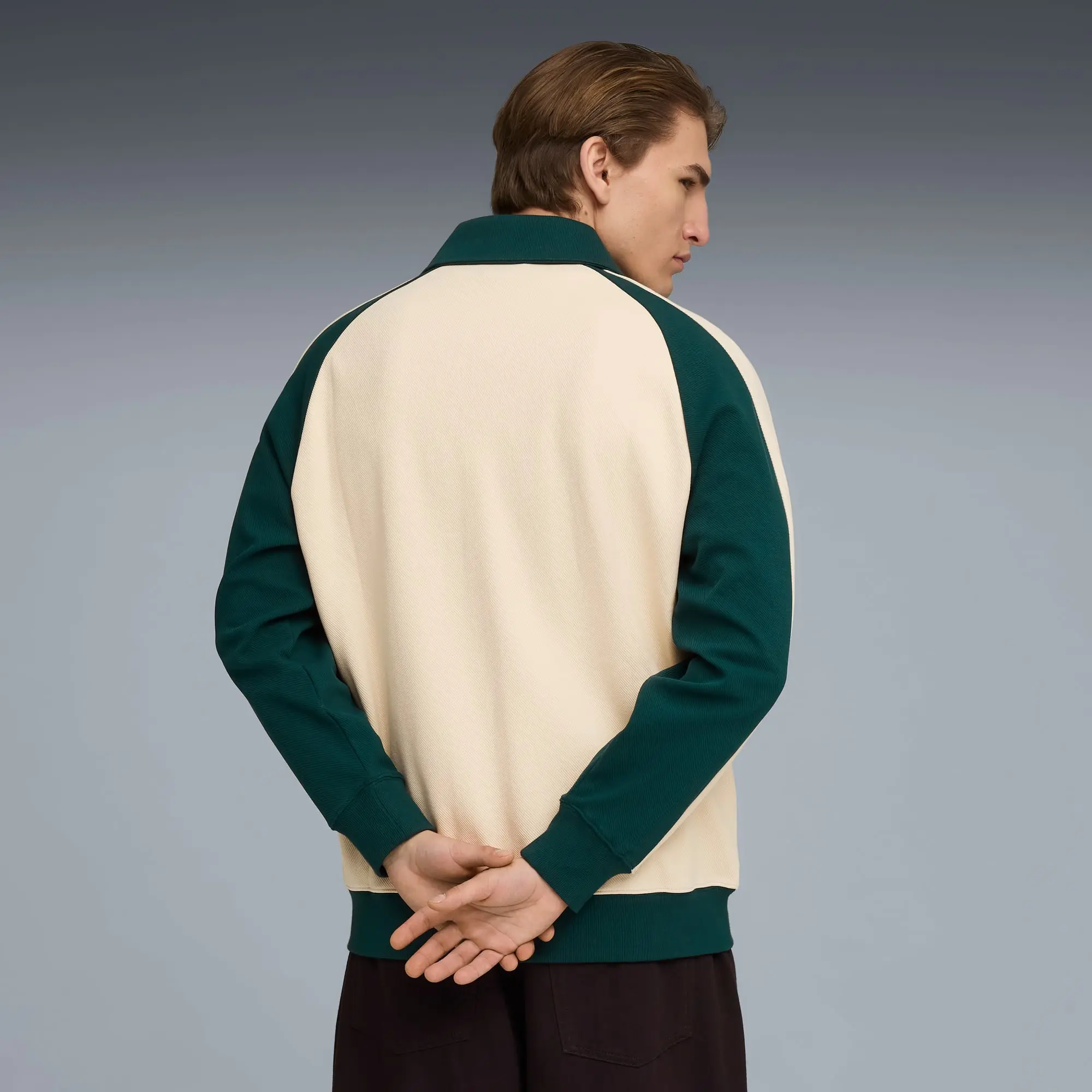 PUMA T7 Relaxed Wing Collar Track Jacket Unisex, Alpine Snow/Green Terrain, size Large