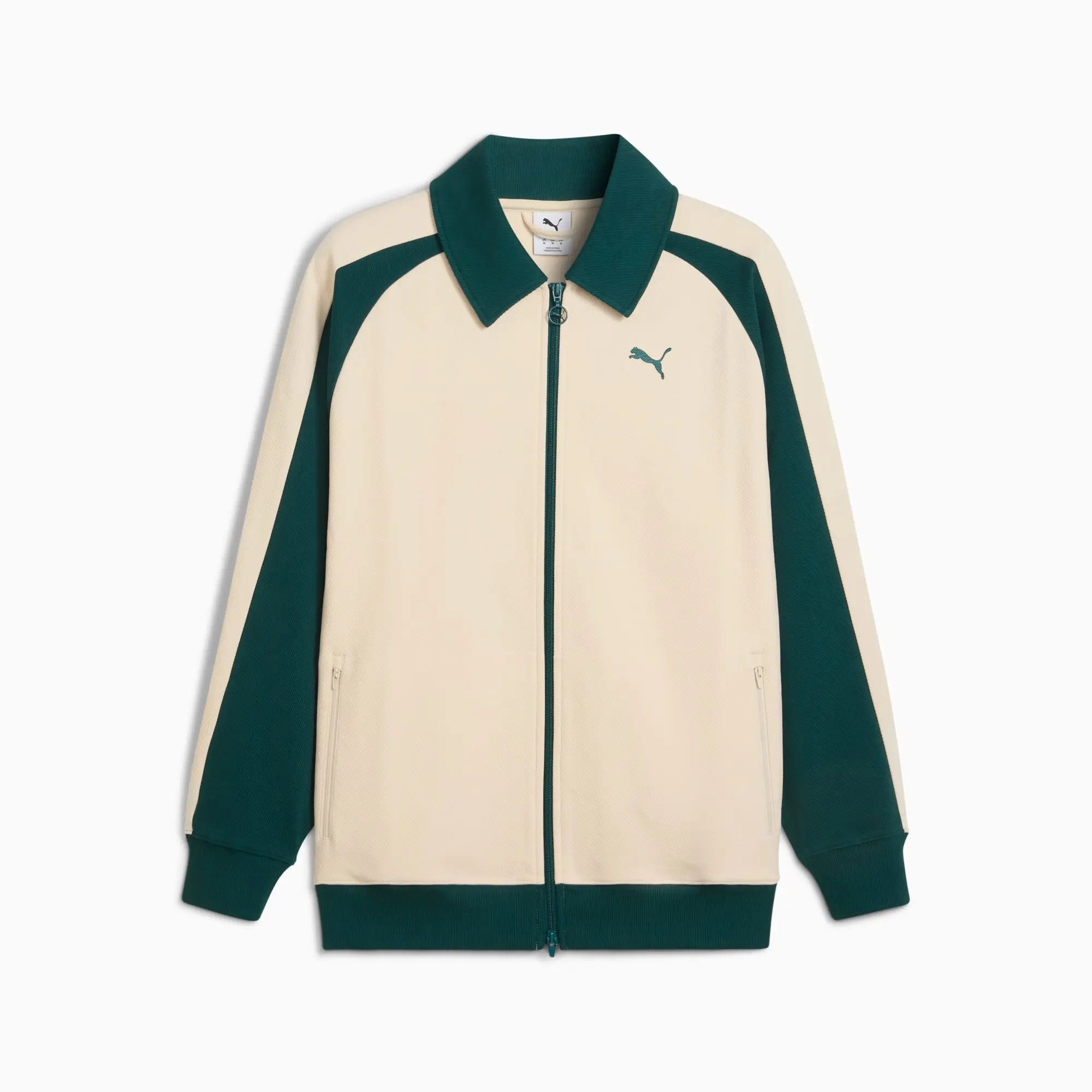 PUMA T7 Relaxed Wing Collar Track Jacket Unisex, Alpine Snow/Green Terrain, size Large