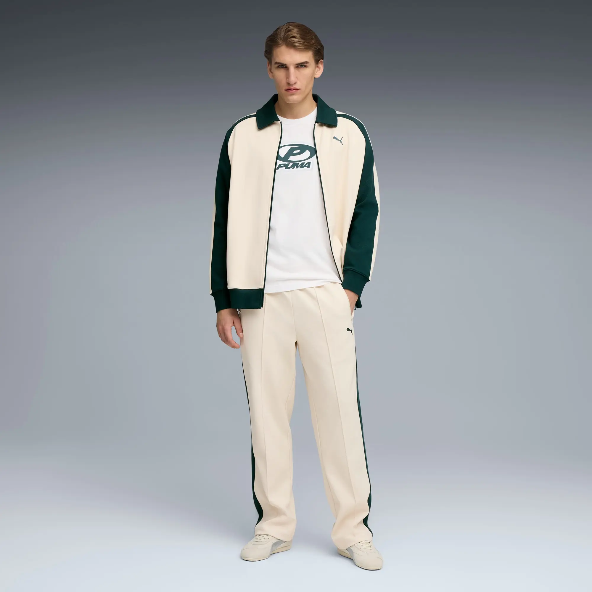 PUMA T7 Relaxed Jacquard Track Pants Unisex, Alpine Snow/Green Terrain, size Large