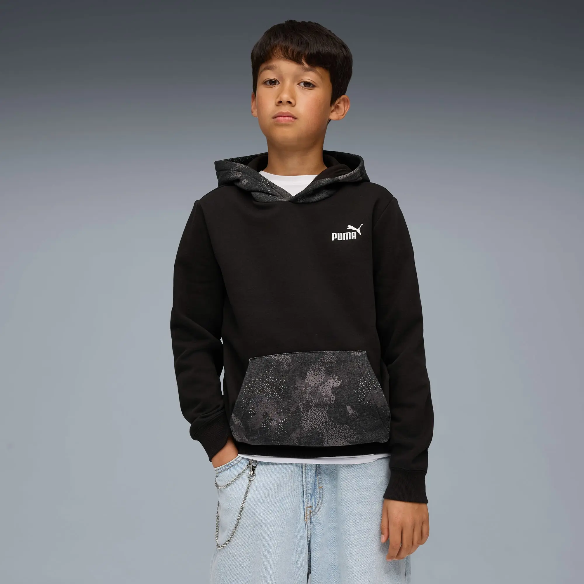 PUMA Essentials Camo Hoodie Youth, Black, size 11-12 Youth