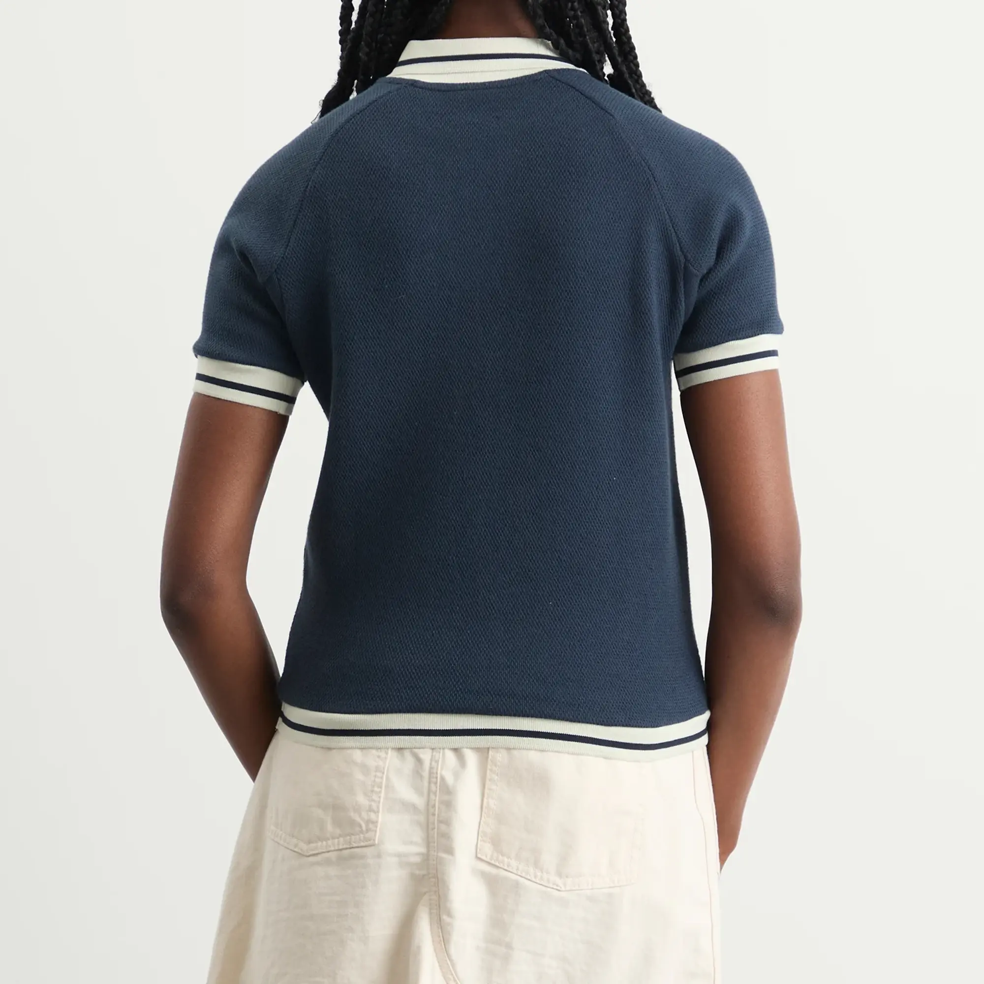 SUNDAYFRUITMARKET Women's Cherry Waffle Collar T-Shirt Navy