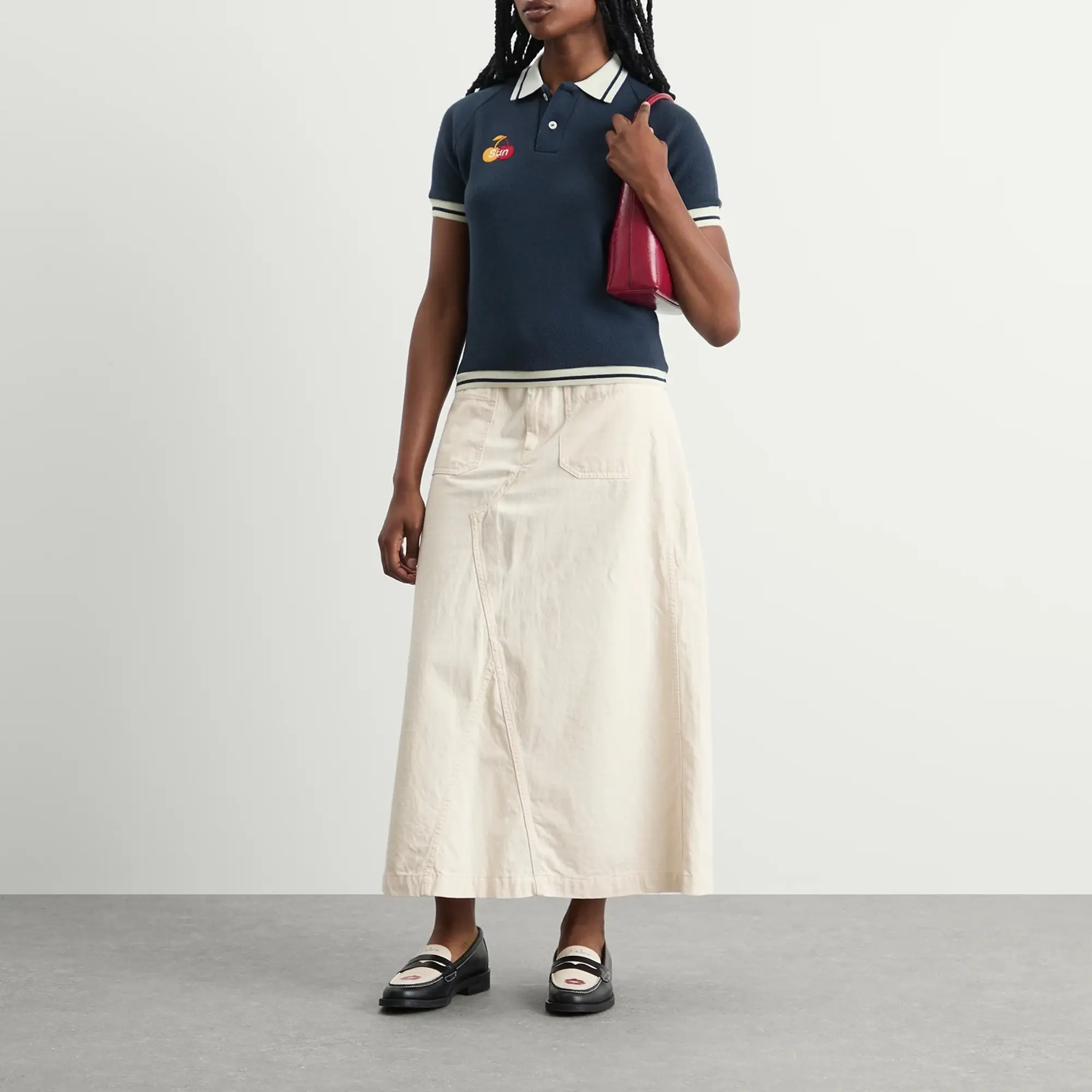 SUNDAYFRUITMARKET Women's Cherry Waffle Collar T-Shirt Navy