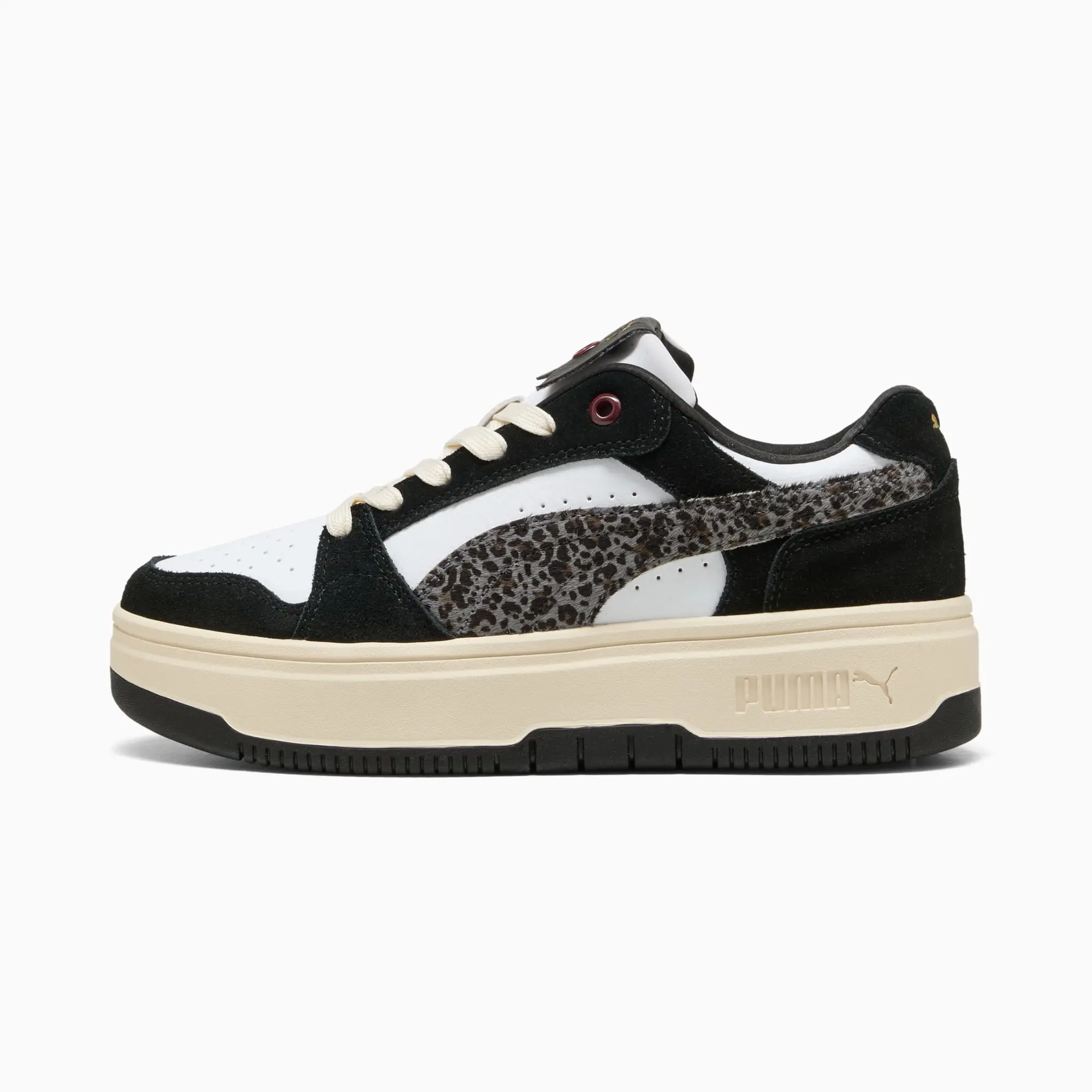 PUMA Rebound Femme Low Animal Flair Sneakers Women, White/Black/Alpine Snow, size 3