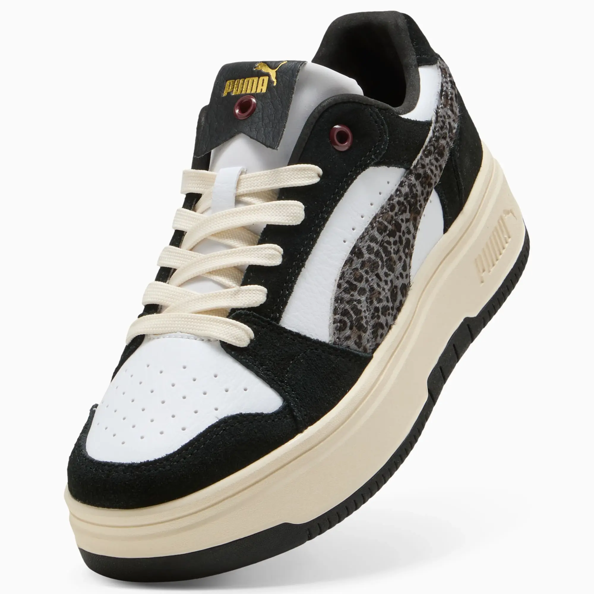 PUMA Rebound Femme Low Animal Flair Sneakers Women, White/Black/Alpine Snow, size 3