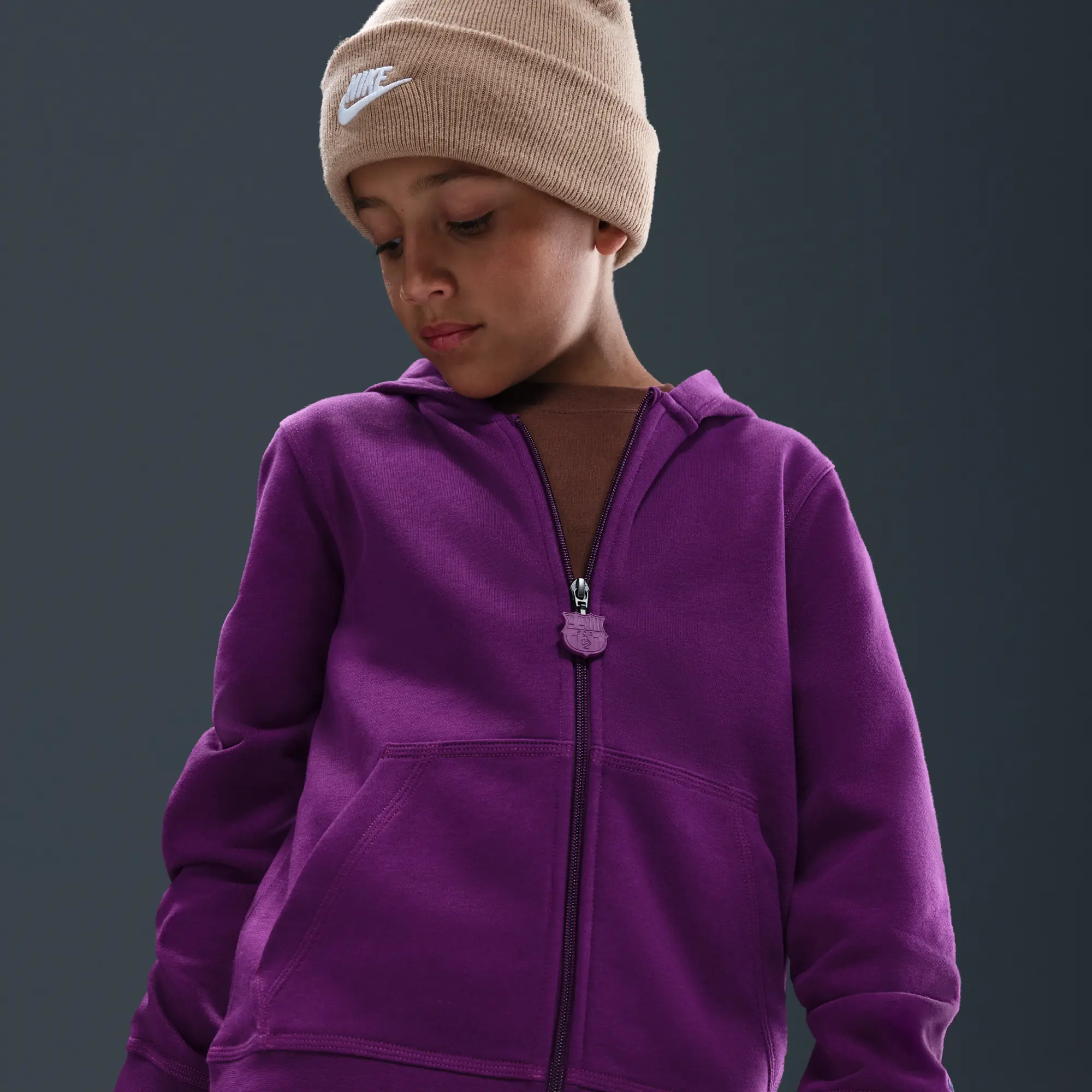 F.C. Barcelona Club Older Kids' (Boys') Nike Football Full-Zip Hoodie - Bright Grape - Fleece