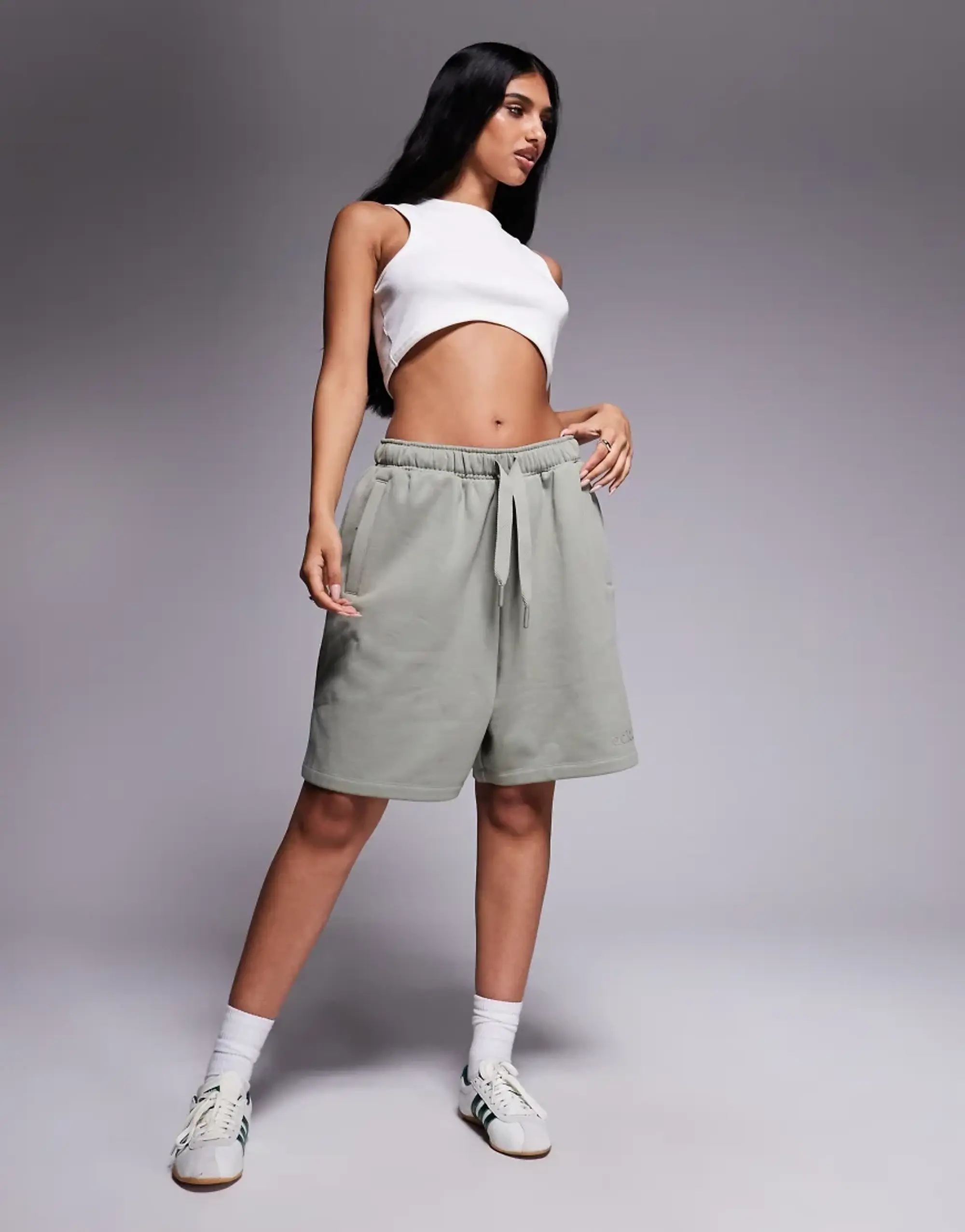 Adidas Originals Linear Logo Sweat Shorts In Khaki-Green
