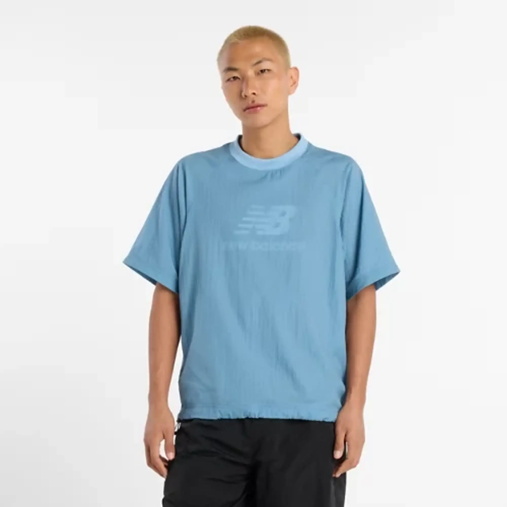 New Balance Men's NB Grey Woven T-Shirt in Blue Nylon