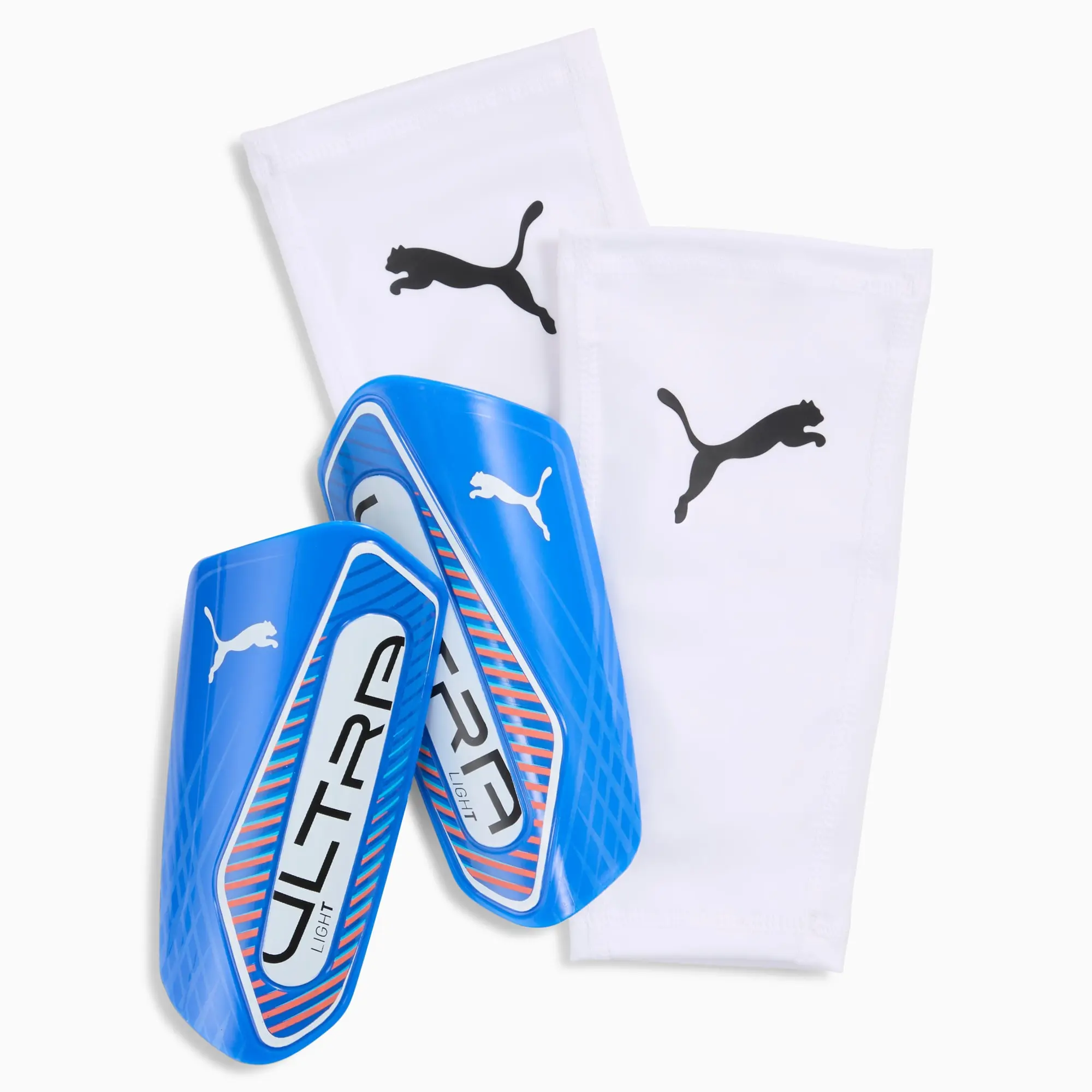 PUMA Ultra Light Football Sleeve Shinguards, Ultra Blue/White/Glowing Red, size Large