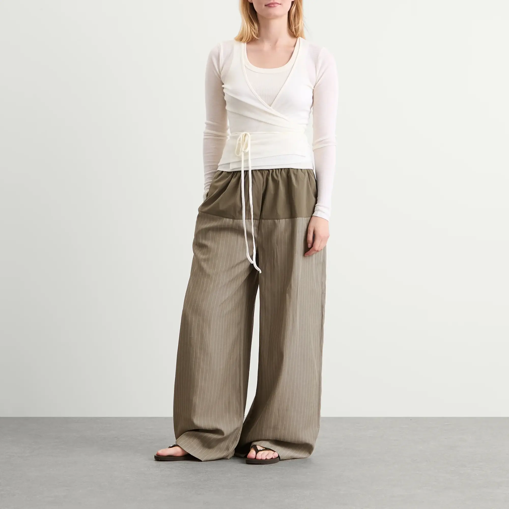 ST. Agni Women's Relaxed Splice Pants Khaki Pinstripe