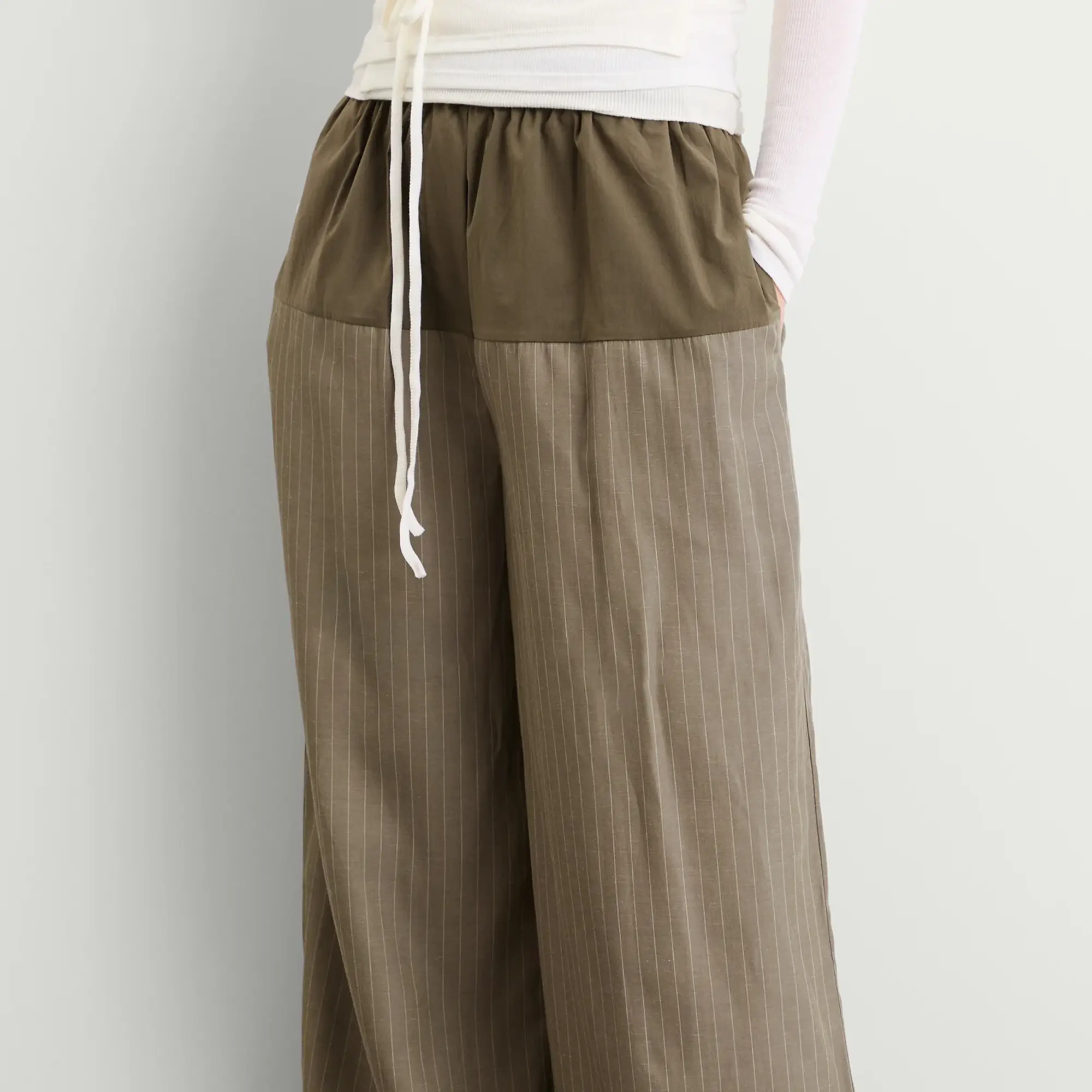 ST. Agni Women's Relaxed Splice Pants Khaki Pinstripe