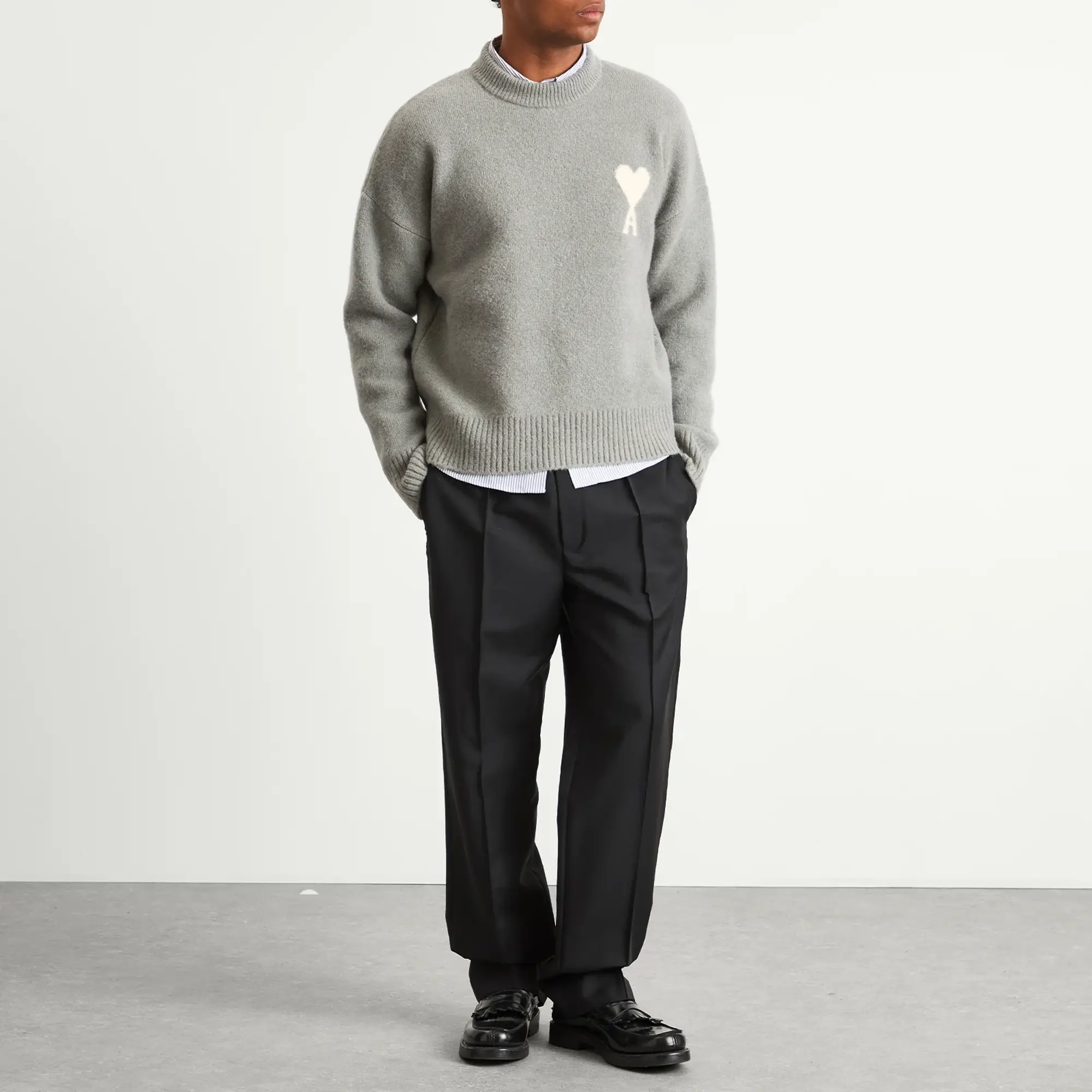 AMI Paris Men's Alpaca Knit ADC Crew Neck Jumper Gris/Ecru