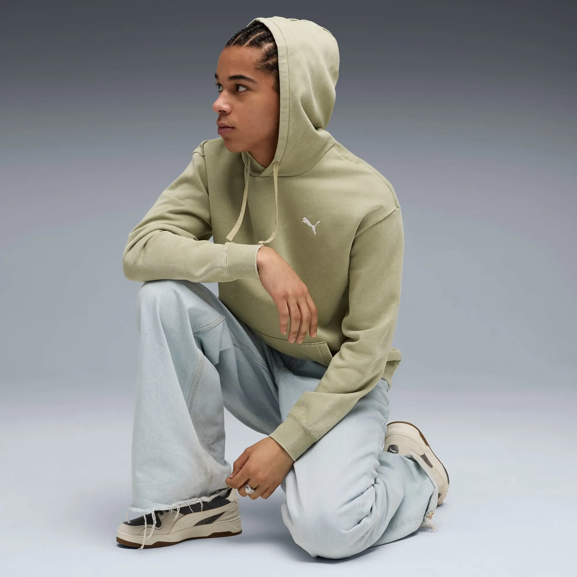 PUMA Essentials Elevated Relaxed Wash Hoodie Men, Lux Army, size Large